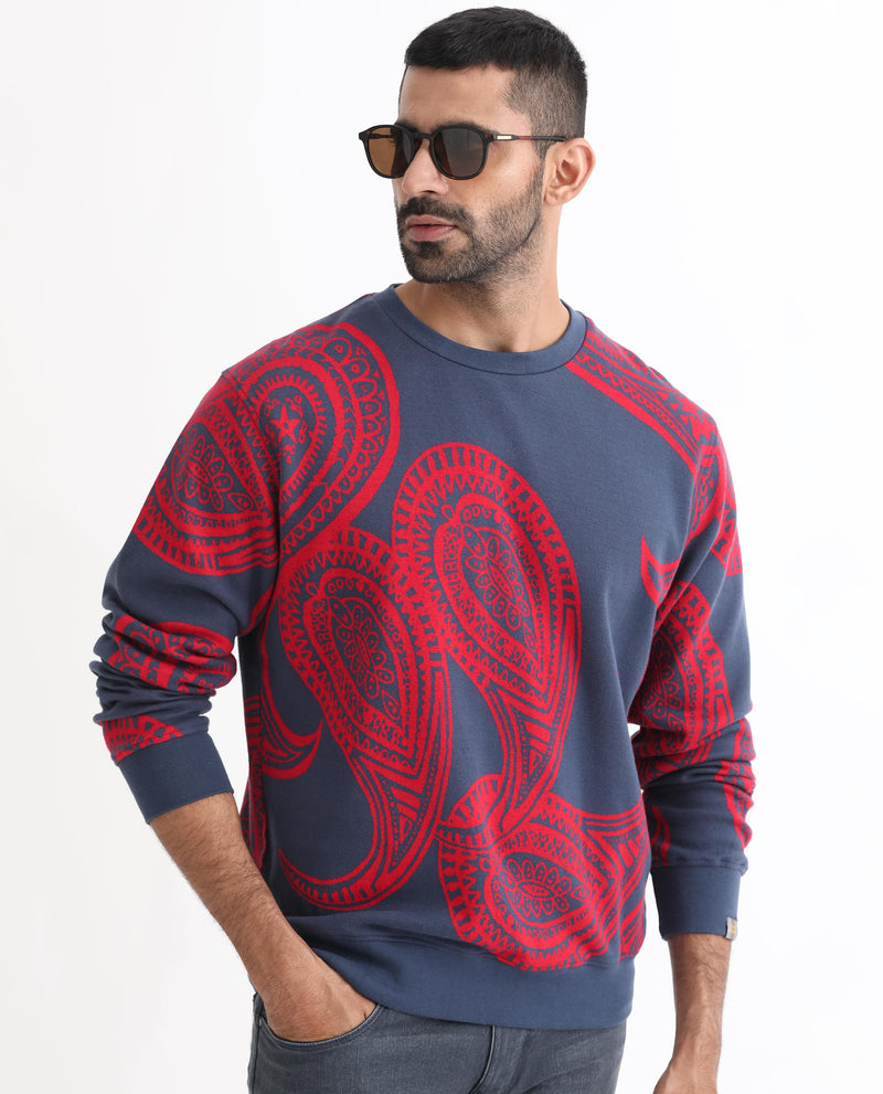 Rare Rabbit Men's Paiza Dusky Blue Cotton Polyester Fabric Full Sleeves Paisley Print Knitted Sweatshirt