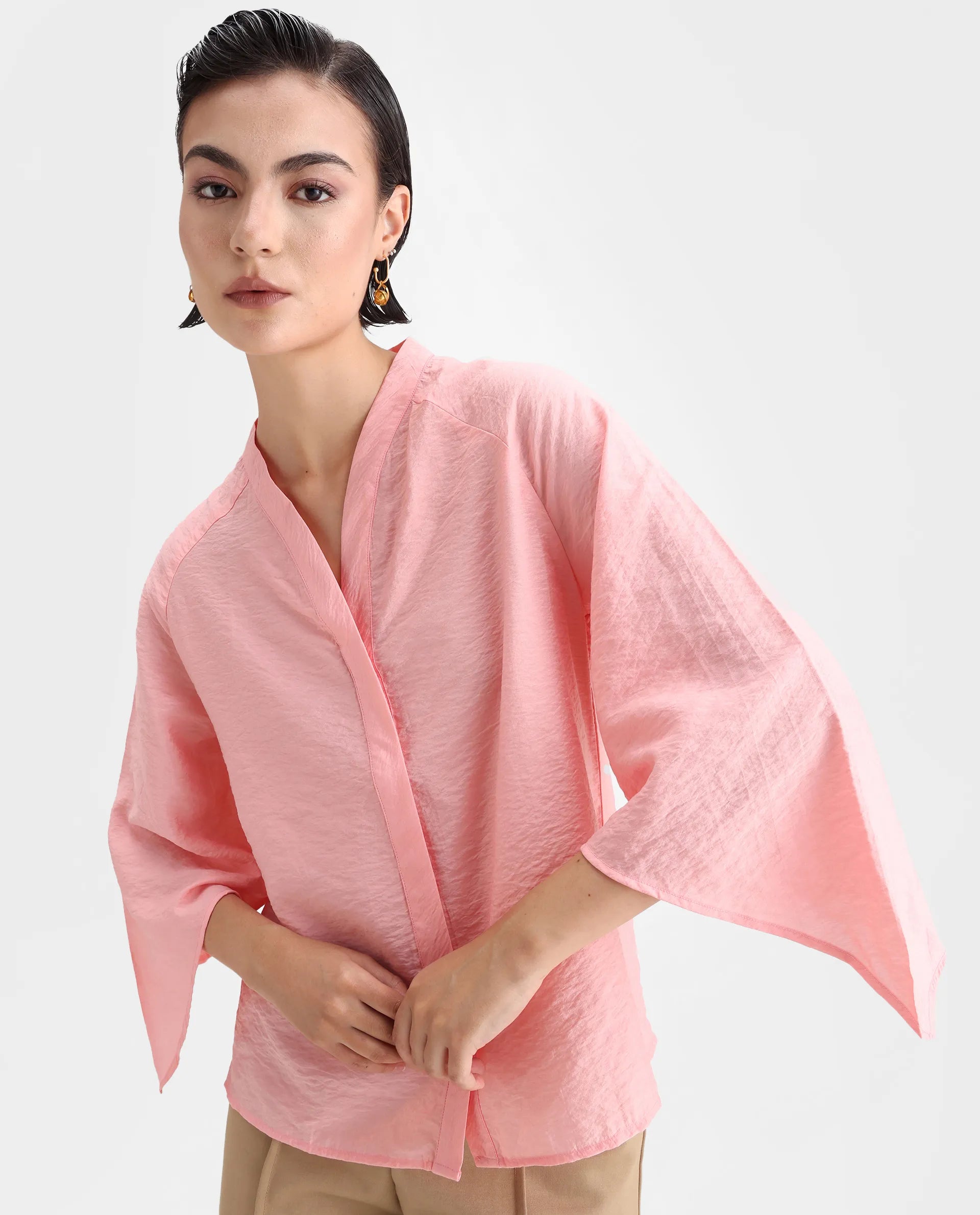 Rareism Women's Palak Light Peach Nylon Blend V-Neck Plain Raglan Sleeve Regular Fit Top