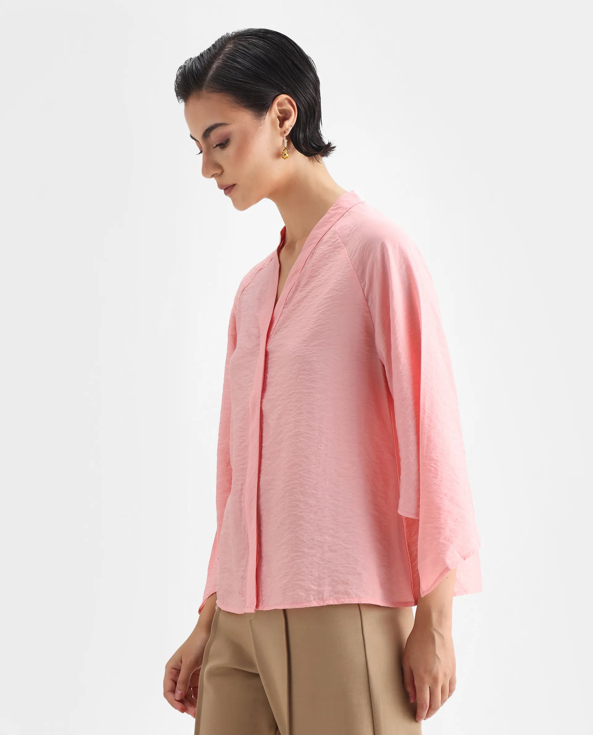 Rareism Women's Palak Light Peach Nylon Blend V-Neck Plain Raglan Sleeve Regular Fit Top