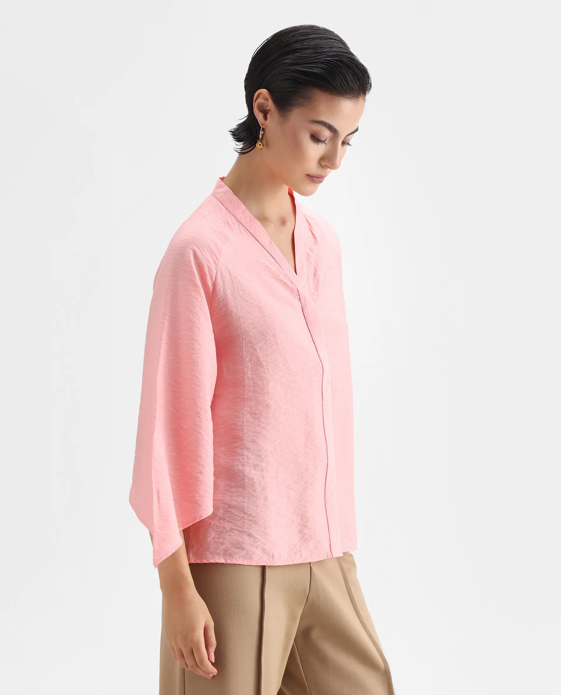 Rareism Women's Palak Light Peach Nylon Blend V-Neck Plain Raglan Sleeve Regular Fit Top