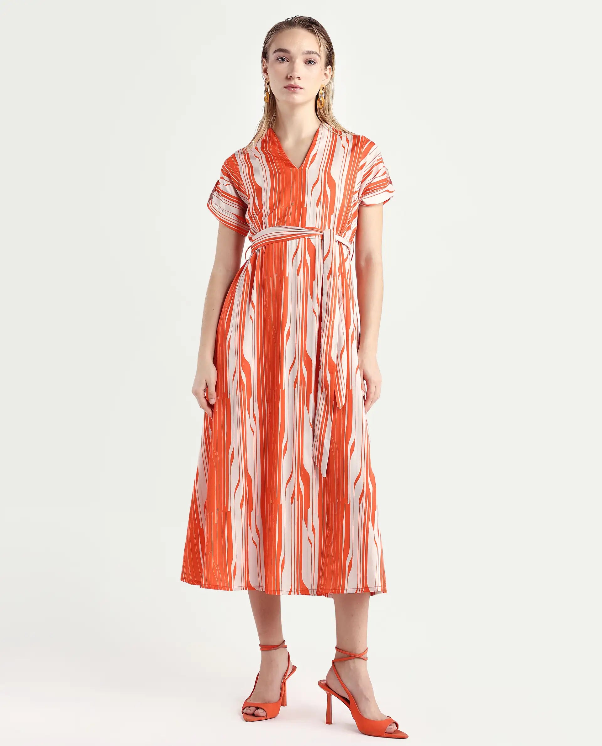Rareism Women's Palbe Orange Polyester V-Neck Abstract Print Extended Sleeves Knee Length Regular Fit Dress