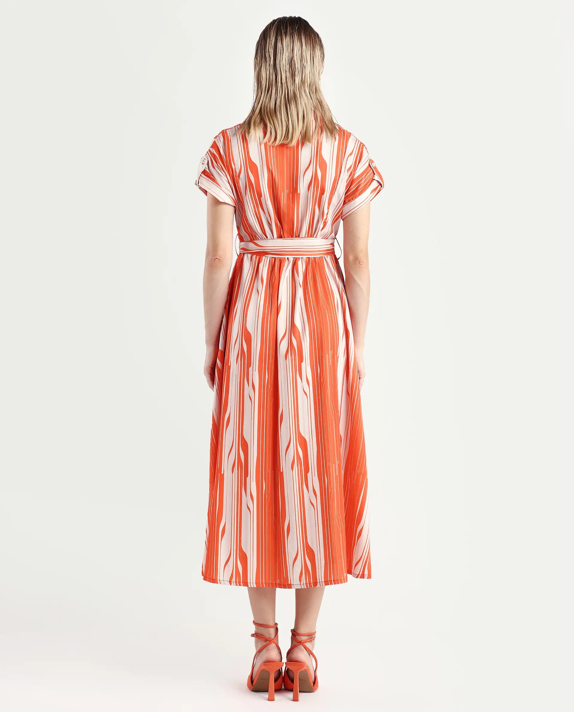 Rareism Women's Palbe Orange Polyester V-Neck Abstract Print Extended Sleeves Knee Length Regular Fit Dress