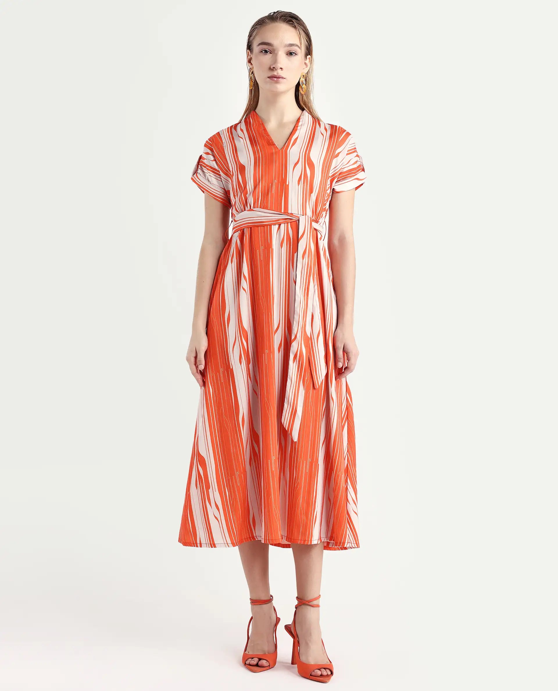 Rareism Women's Palbe Orange Polyester V-Neck Abstract Print Extended Sleeves Knee Length Regular Fit Dress