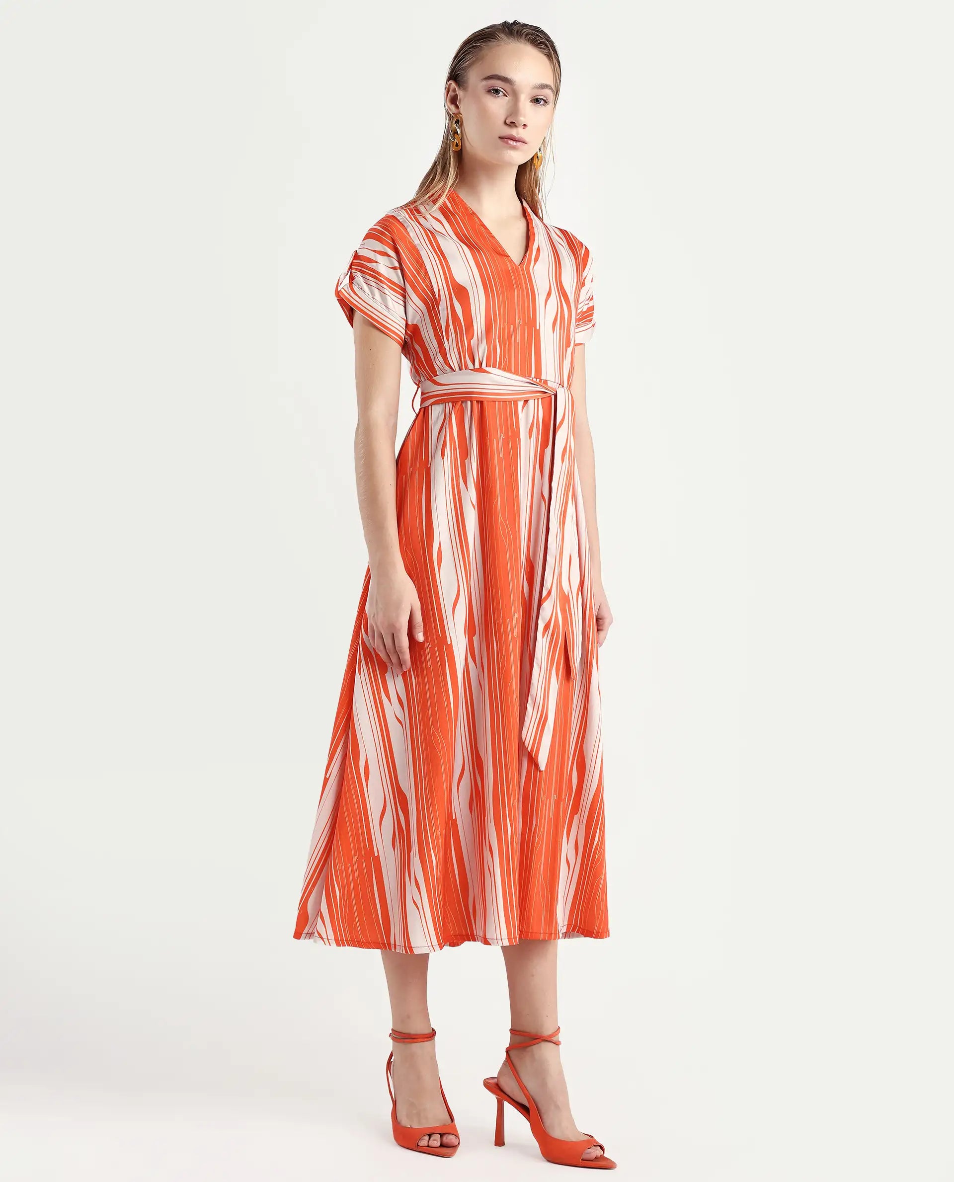 Rareism Women's Palbe Orange Polyester V-Neck Abstract Print Extended Sleeves Knee Length Regular Fit Dress