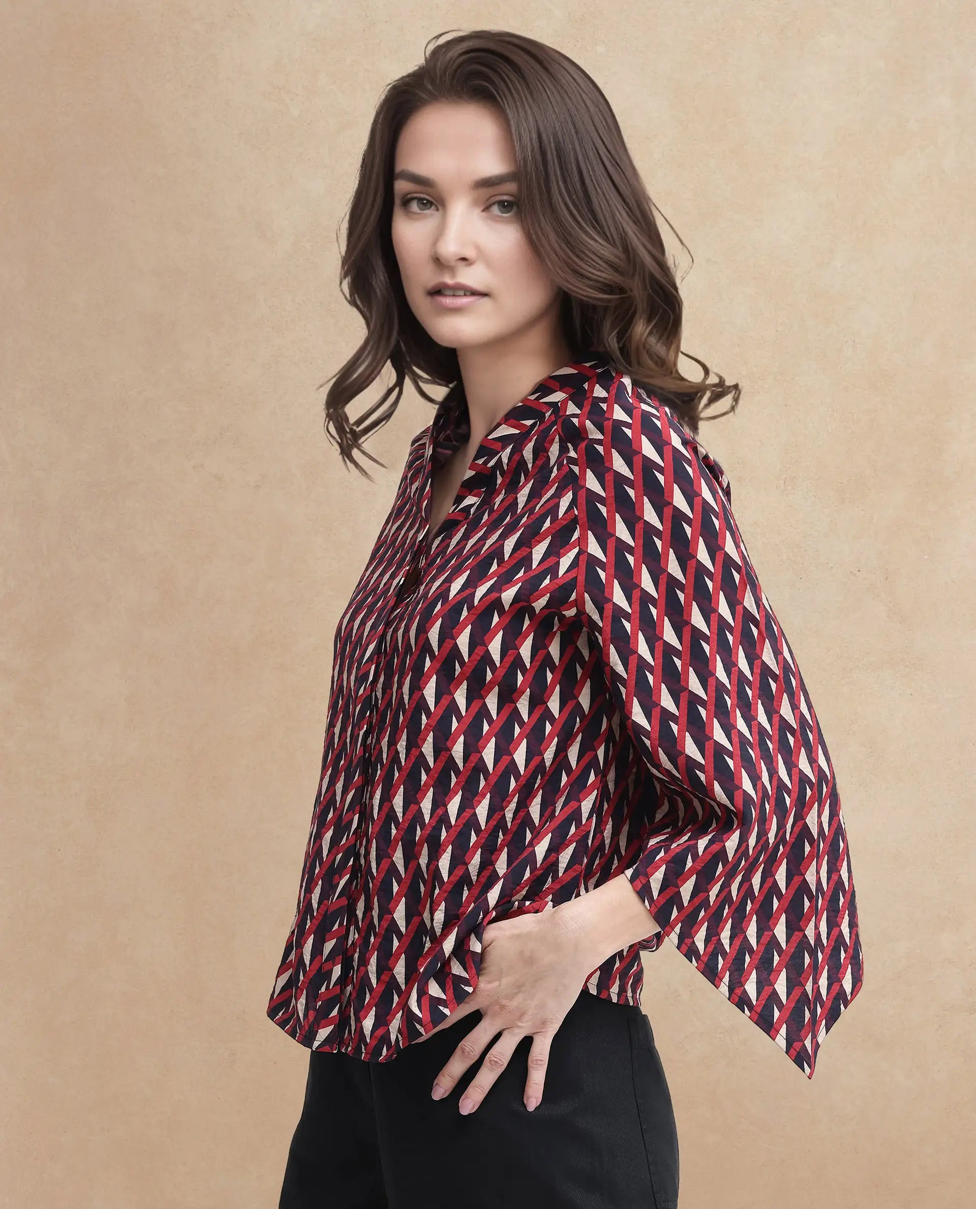 Rareism Women's Palin Dark Multi Nylon Blend V-Neck Geometric Print Raglan Sleeve Regular Fit Top