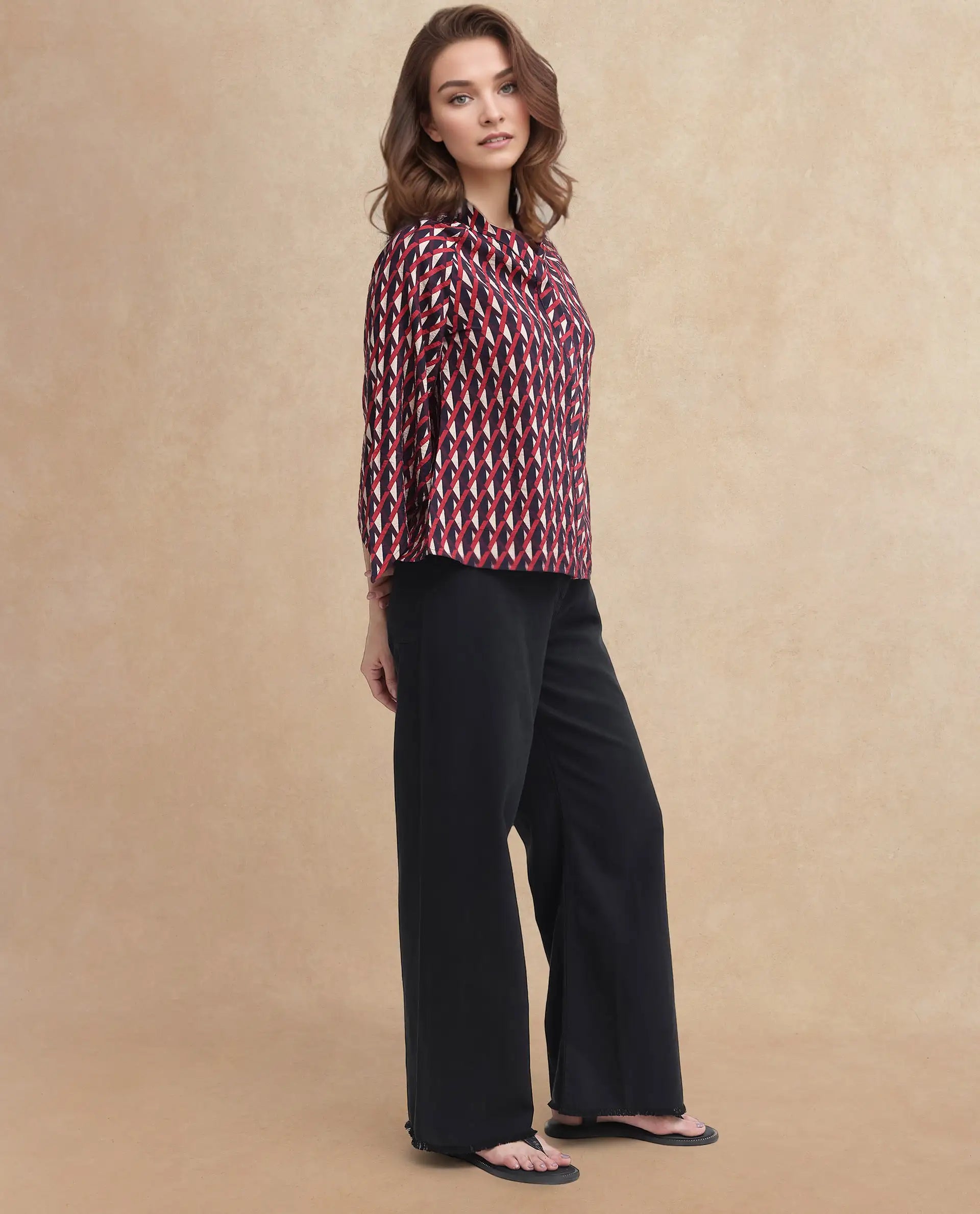 Rareism Women's Palin Dark Multi Nylon Blend V-Neck Geometric Print Raglan Sleeve Regular Fit Top