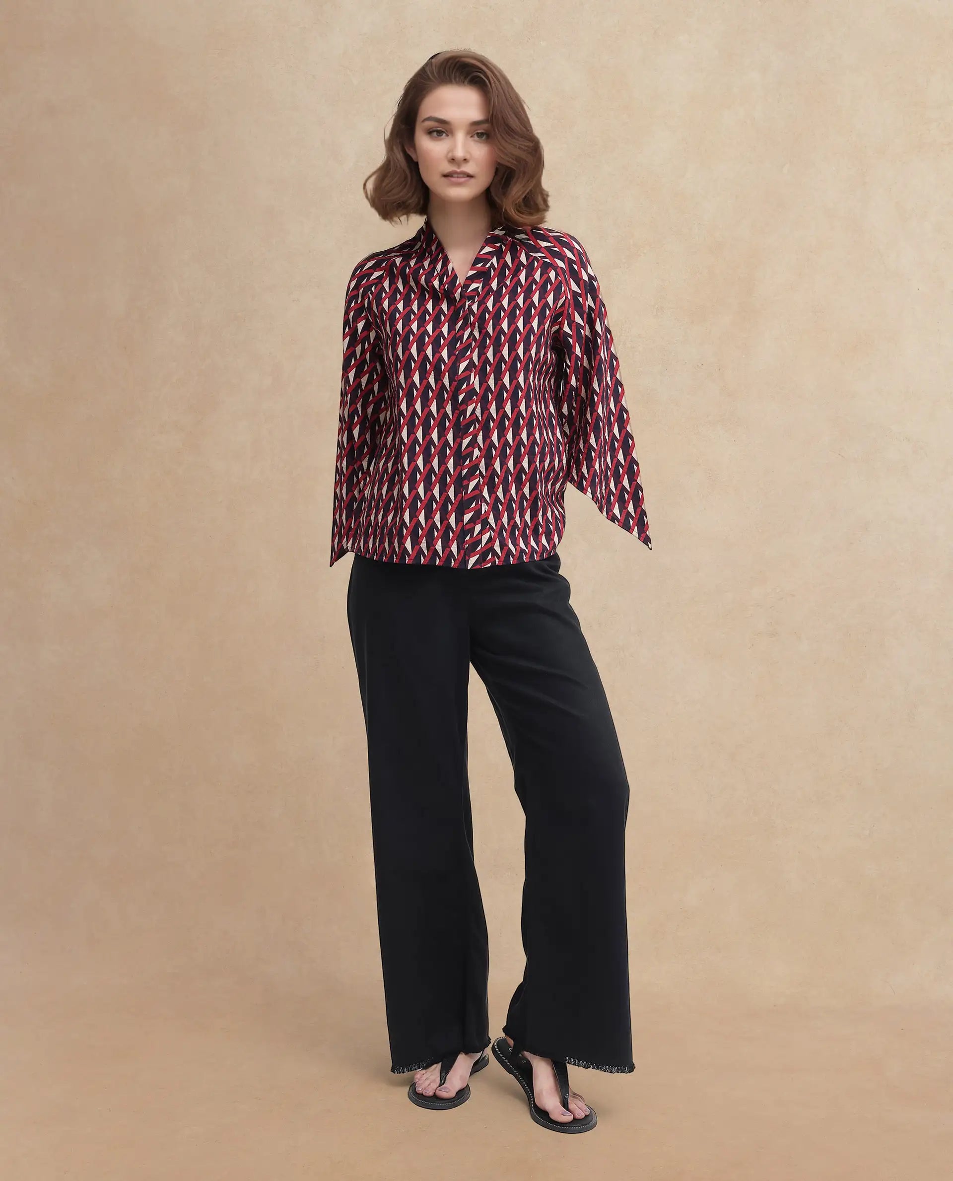 Rareism Women's Palin Dark Multi Nylon Blend V-Neck Geometric Print Raglan Sleeve Regular Fit Top