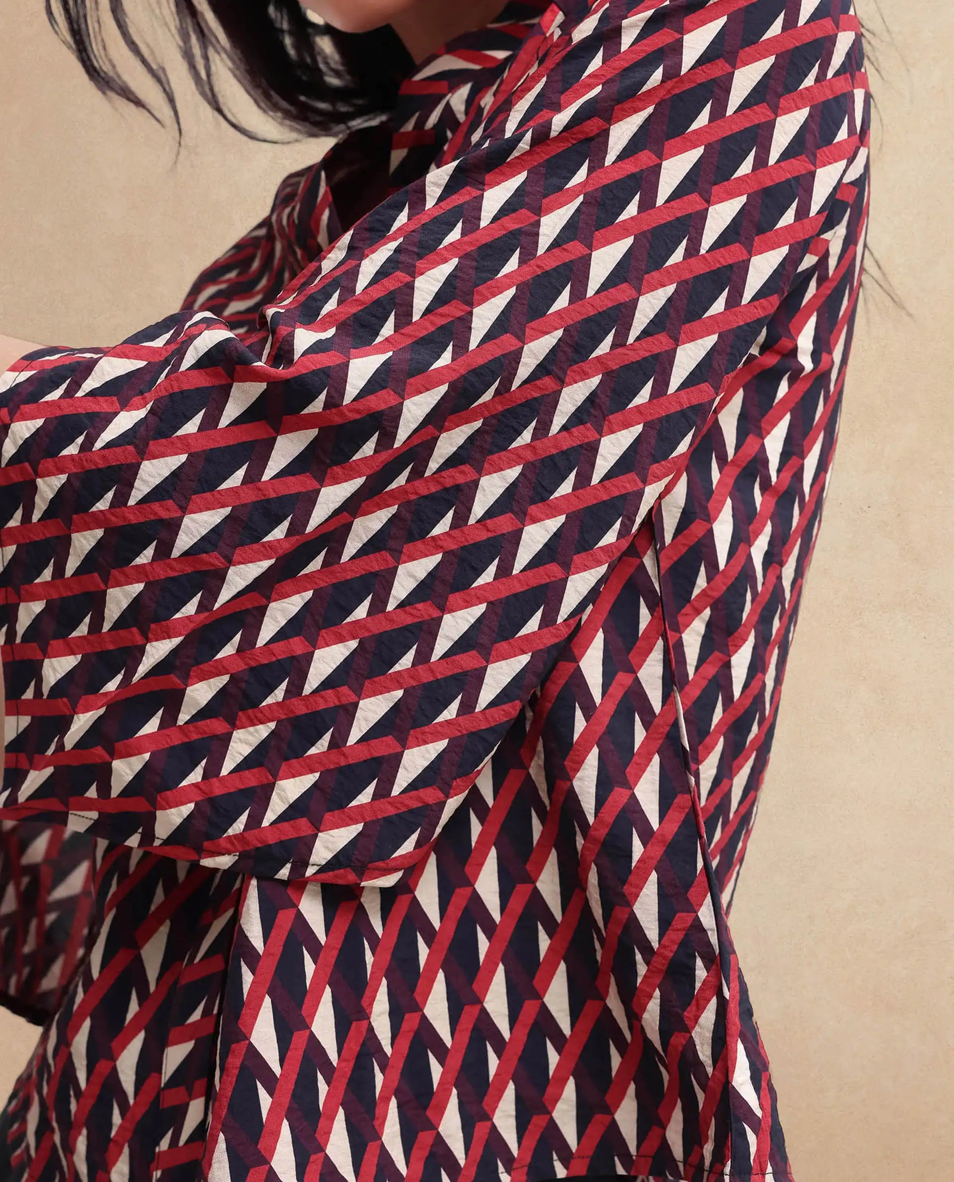 Rareism Women's Palin Dark Multi Nylon Blend V-Neck Geometric Print Raglan Sleeve Regular Fit Top