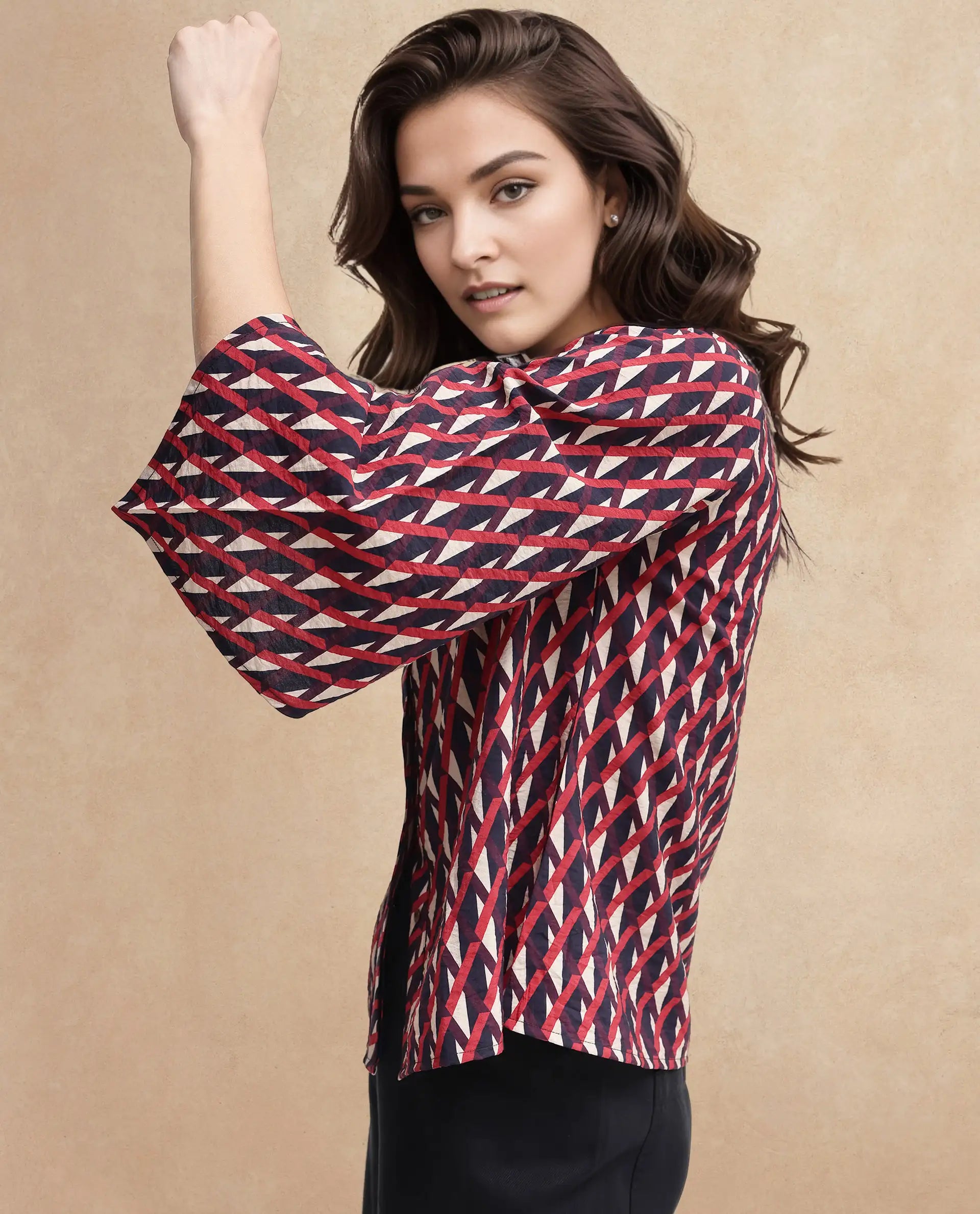 Rareism Women's Palin Dark Multi Nylon Blend V-Neck Geometric Print Raglan Sleeve Regular Fit Top