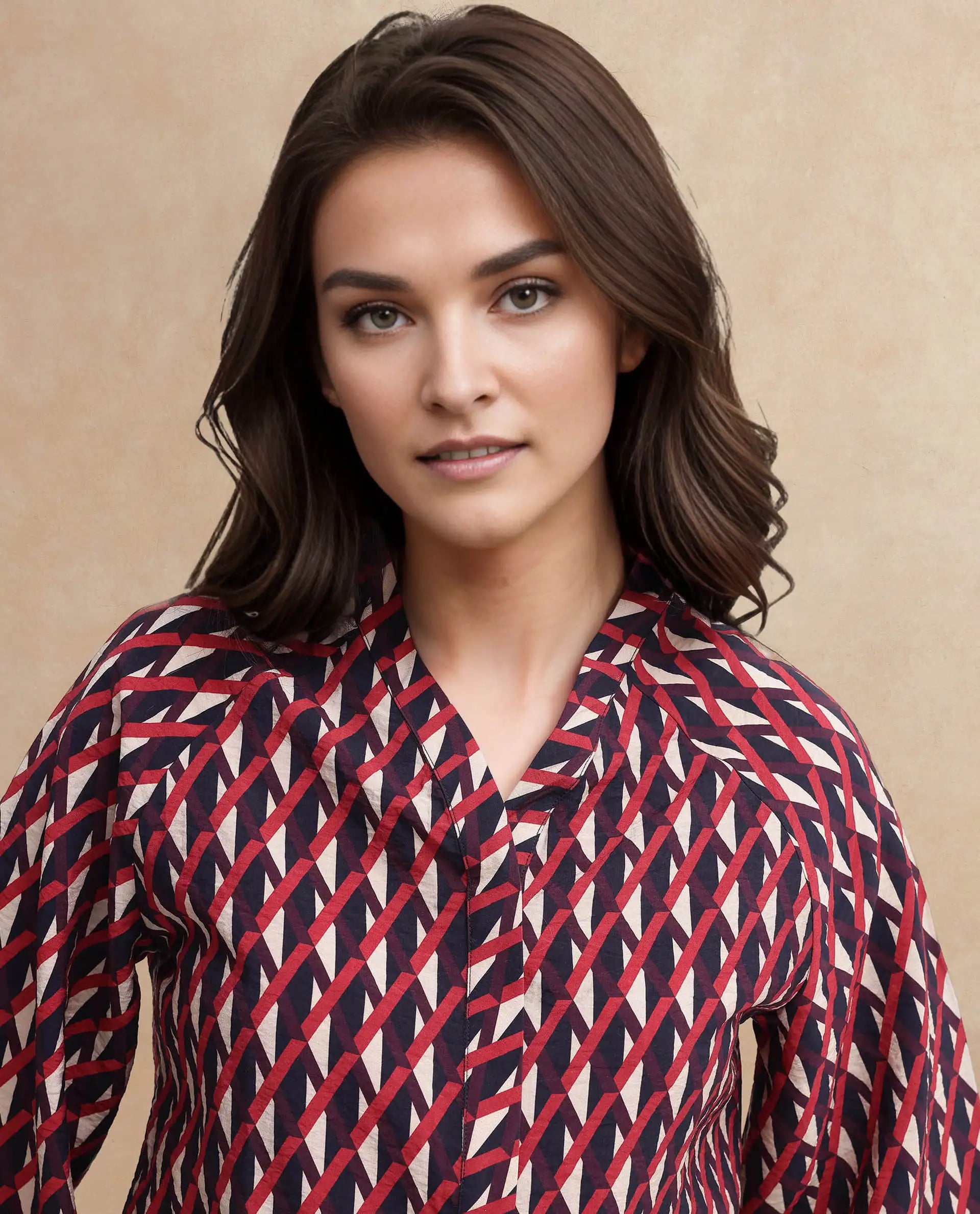 Rareism Women's Palin Dark Multi Nylon Blend V-Neck Geometric Print Raglan Sleeve Regular Fit Top