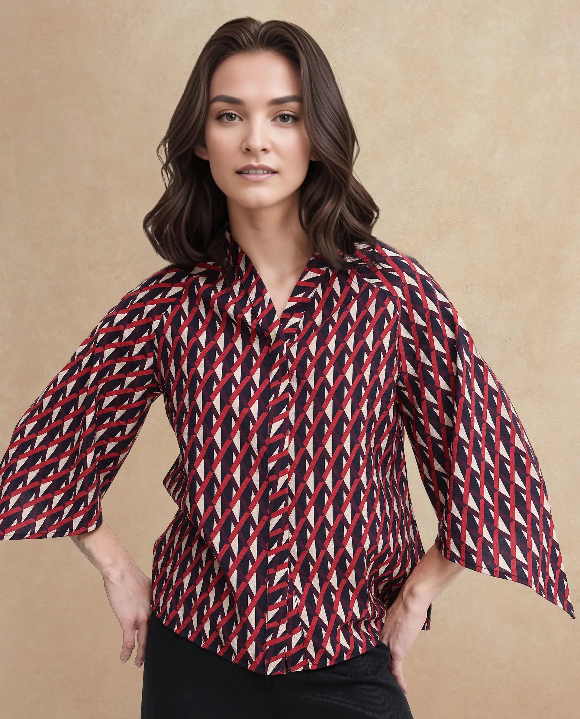 Rareism Women's Palin Dark Multi Nylon Blend V-Neck Geometric Print Raglan Sleeve Regular Fit Top