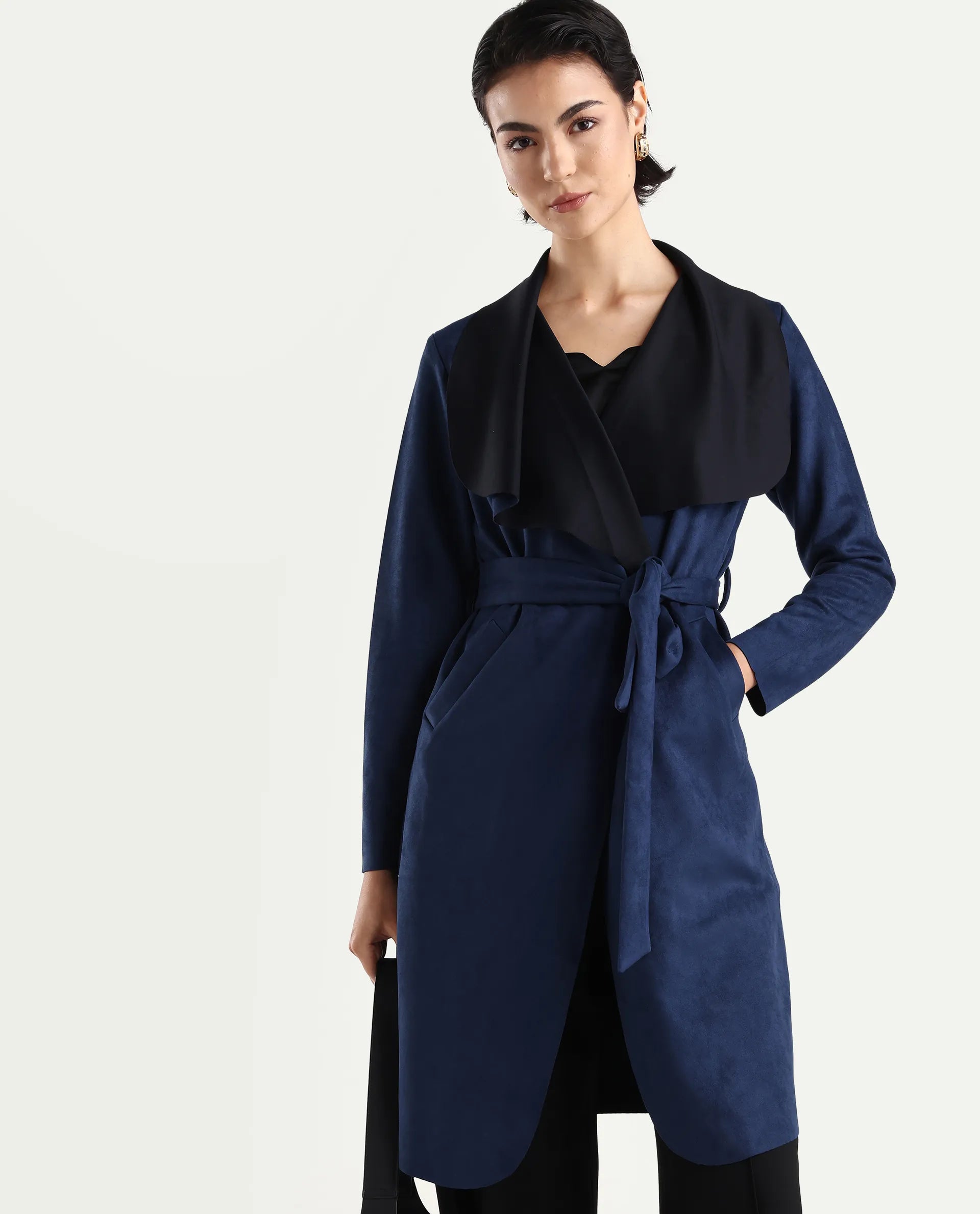 Rareism Women's Palmer-25 Navy Polyester Blend Lapel Neck Regular Fit Coat