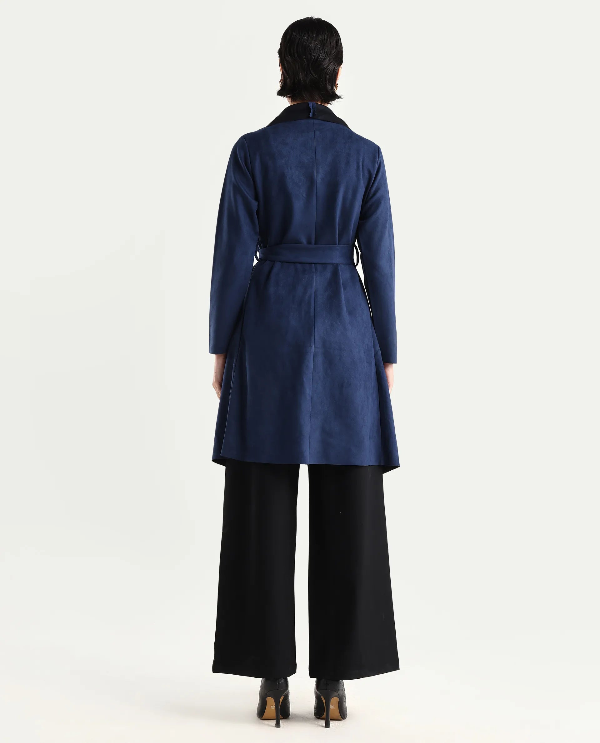 Rareism Women's Palmer-25 Navy Polyester Blend Lapel Neck Regular Fit Coat