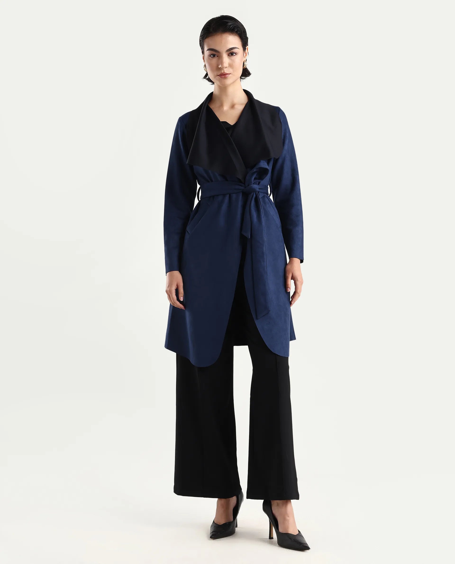 Rareism Women's Palmer-25 Navy Polyester Blend Lapel Neck Regular Fit Coat
