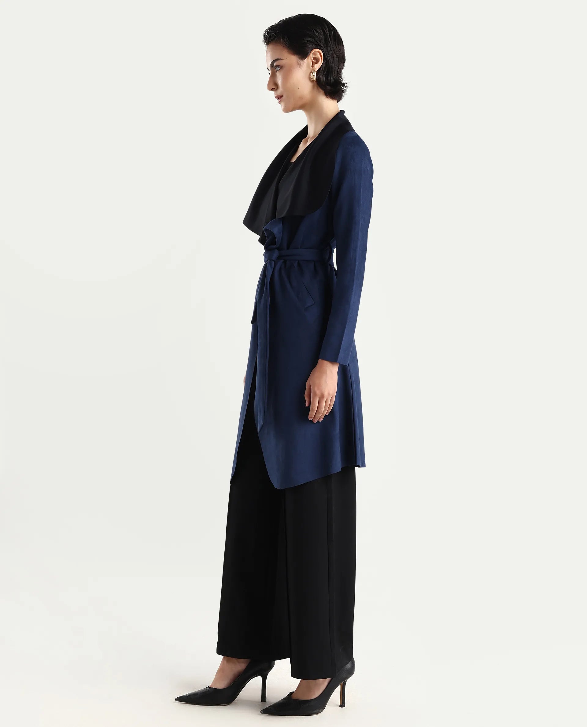 Rareism Women's Palmer-25 Navy Polyester Blend Lapel Neck Regular Fit Coat