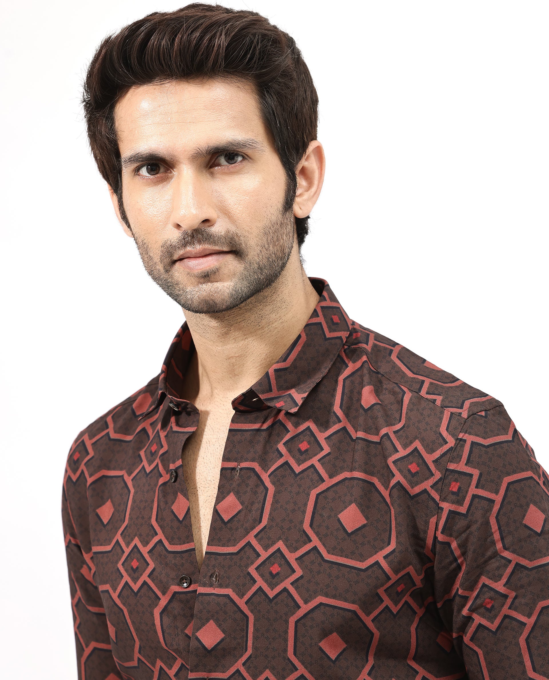 Rare Rabbit Mens Palmer Brown Full Sleeve Regular Collar Geometric Print Shirt