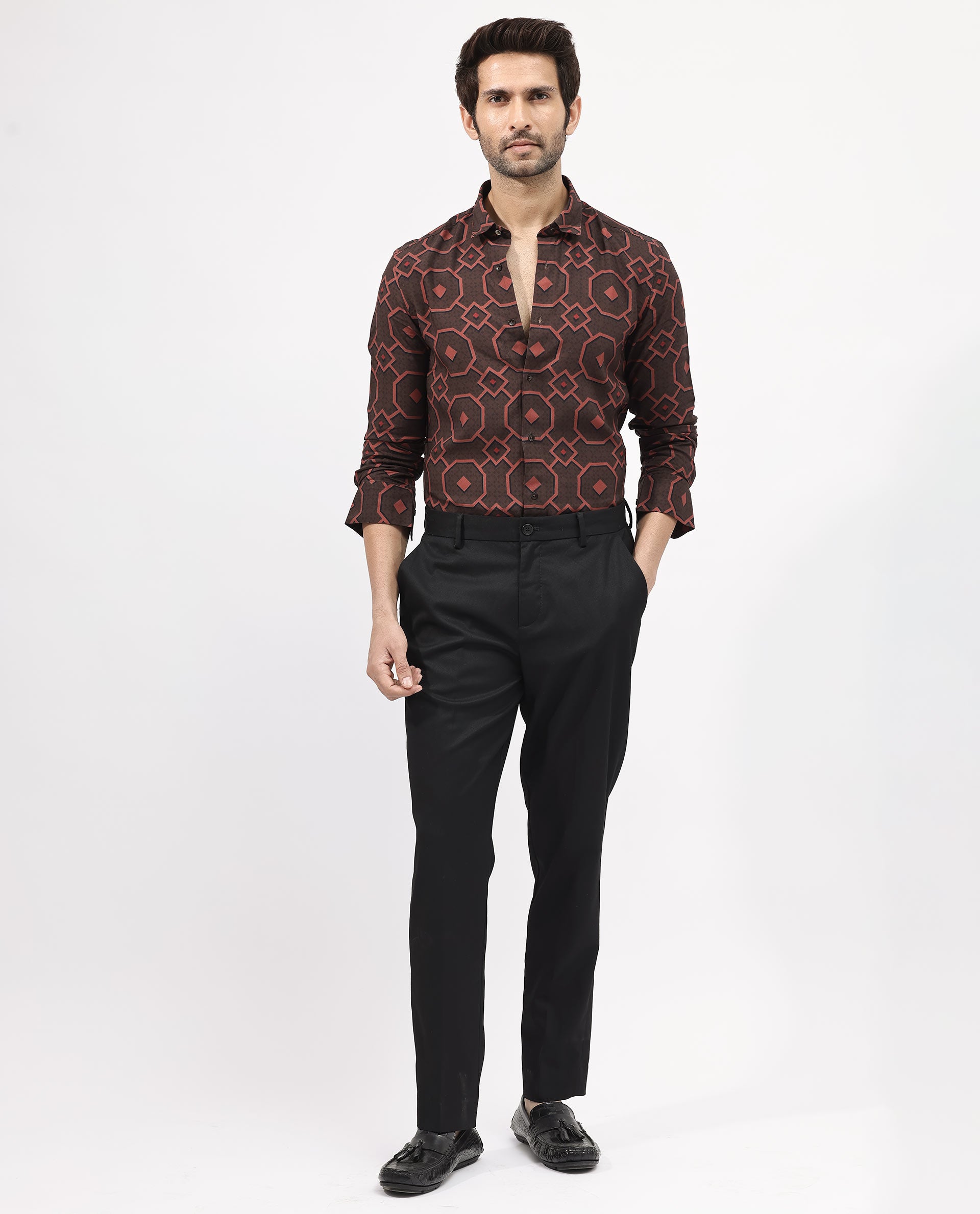 Rare Rabbit Mens Palmer Brown Full Sleeve Regular Collar Geometric Print Shirt