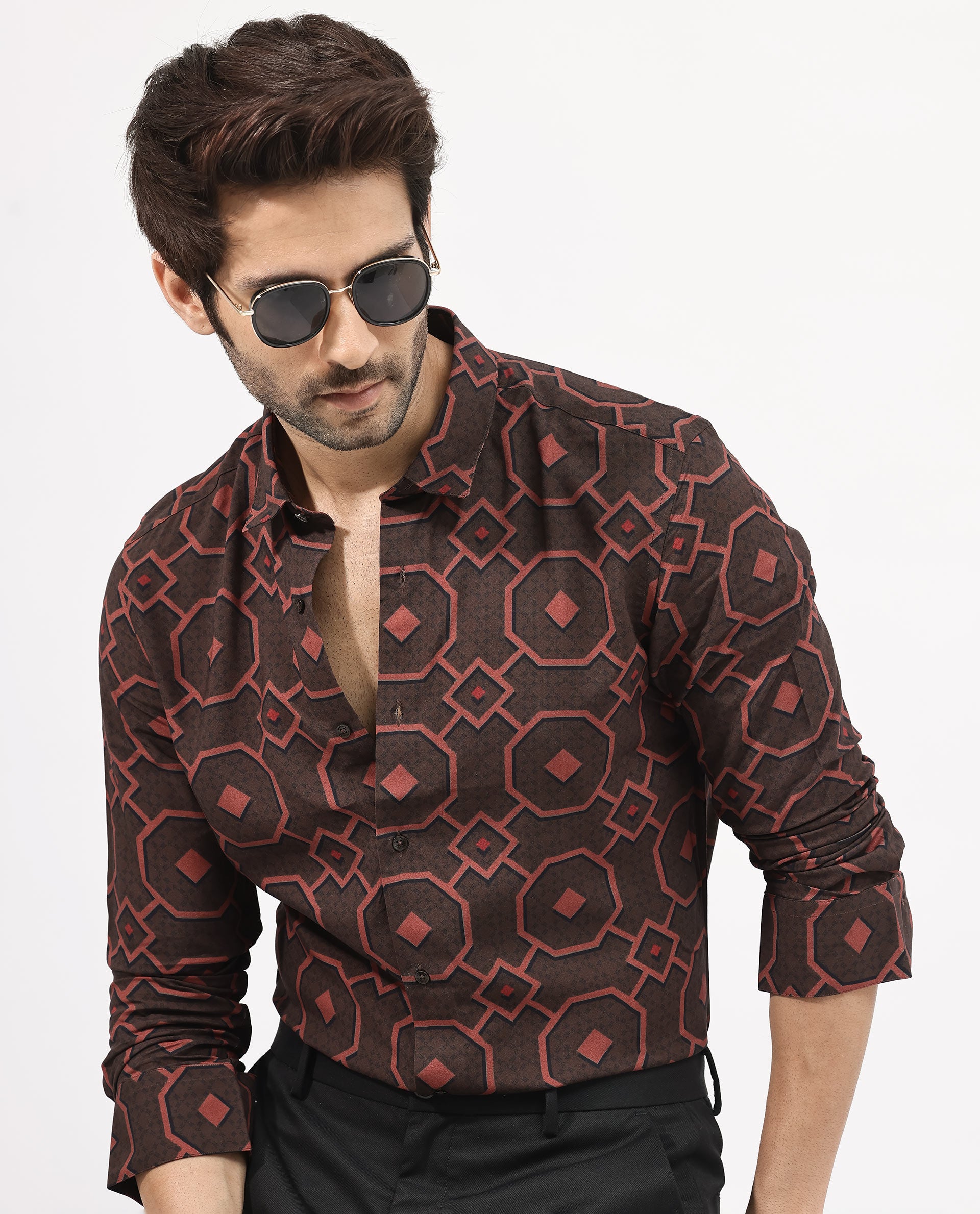 Rare Rabbit Mens Palmer Brown Full Sleeve Regular Collar Geometric Print Shirt