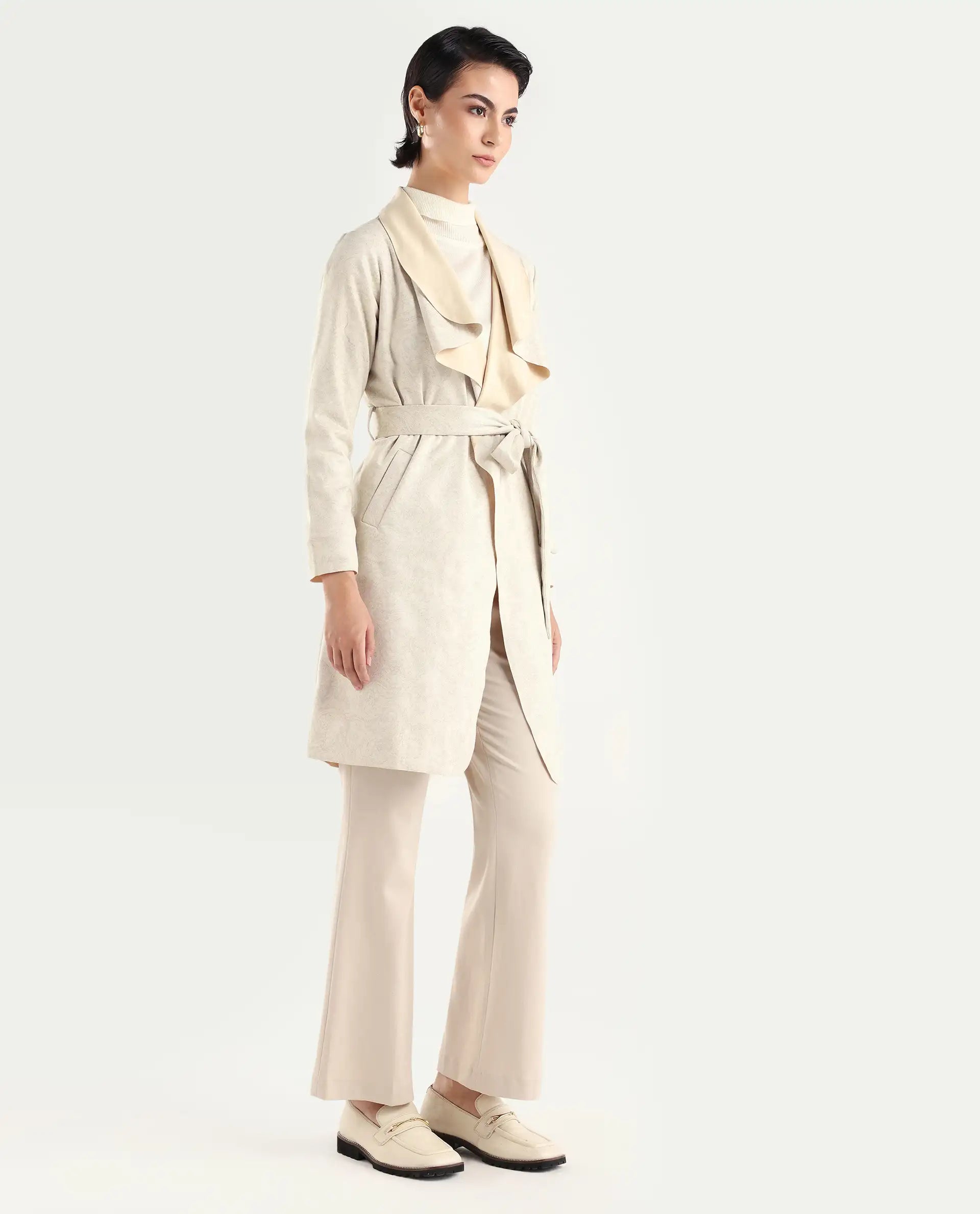 Rareism Women's Palmer 1 Beige Polyester Cutaway Collar Plain Knee Length Relaxed Fit Jacket