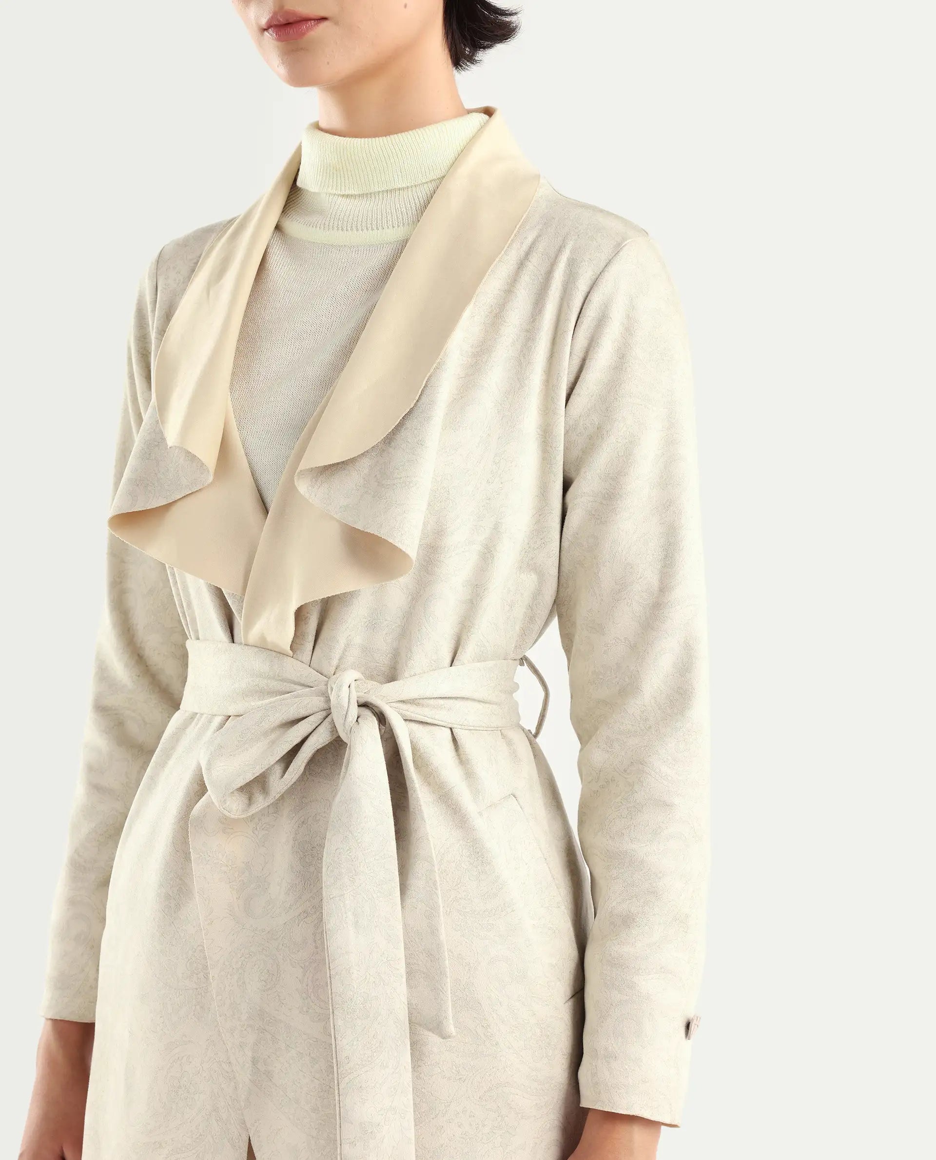 Rareism Women's Palmer 1 Beige Polyester Cutaway Collar Plain Knee Length Relaxed Fit Jacket