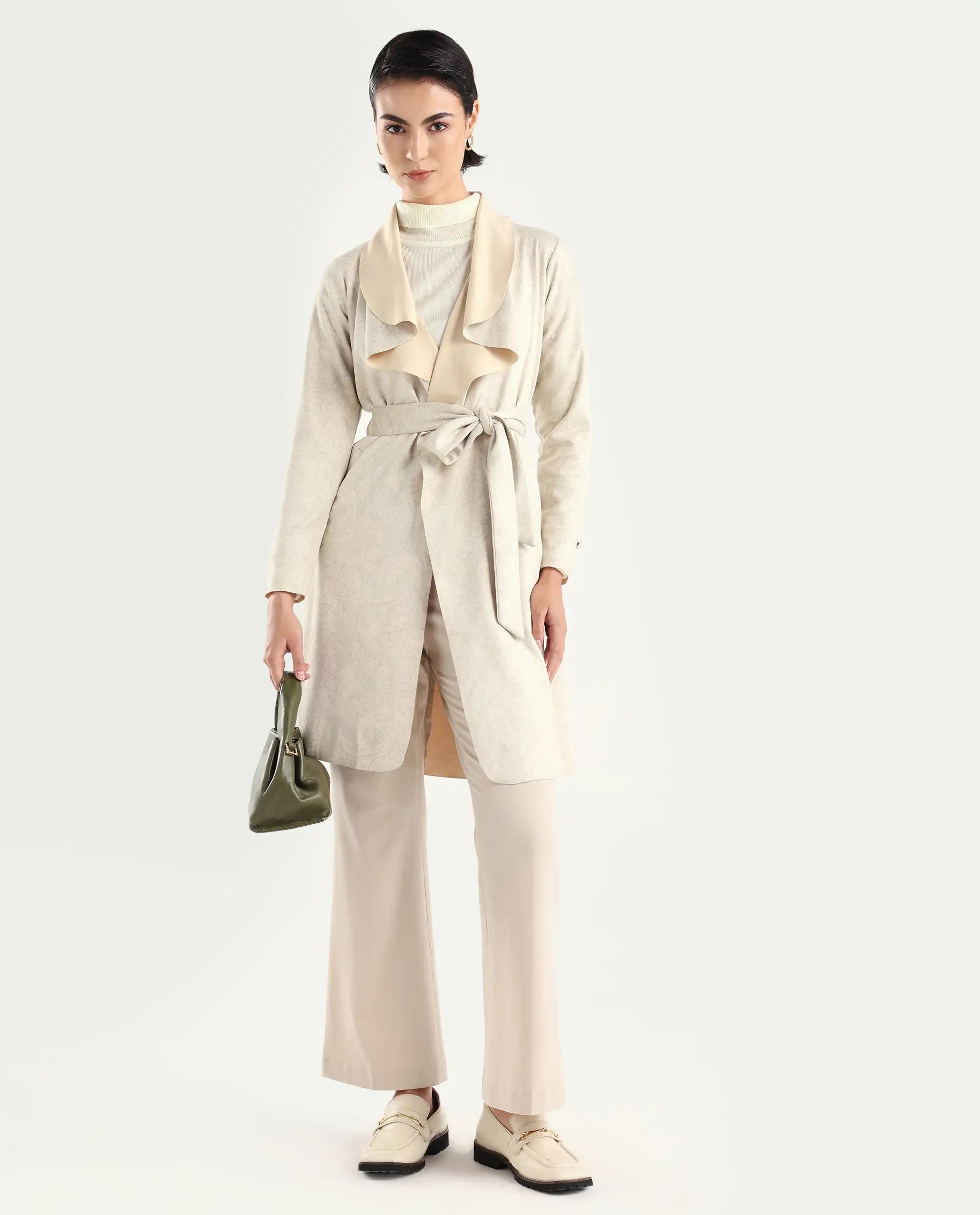 Rareism Women's Palmer 1 Beige Polyester Cutaway Collar Plain Knee Length Relaxed Fit Jacket