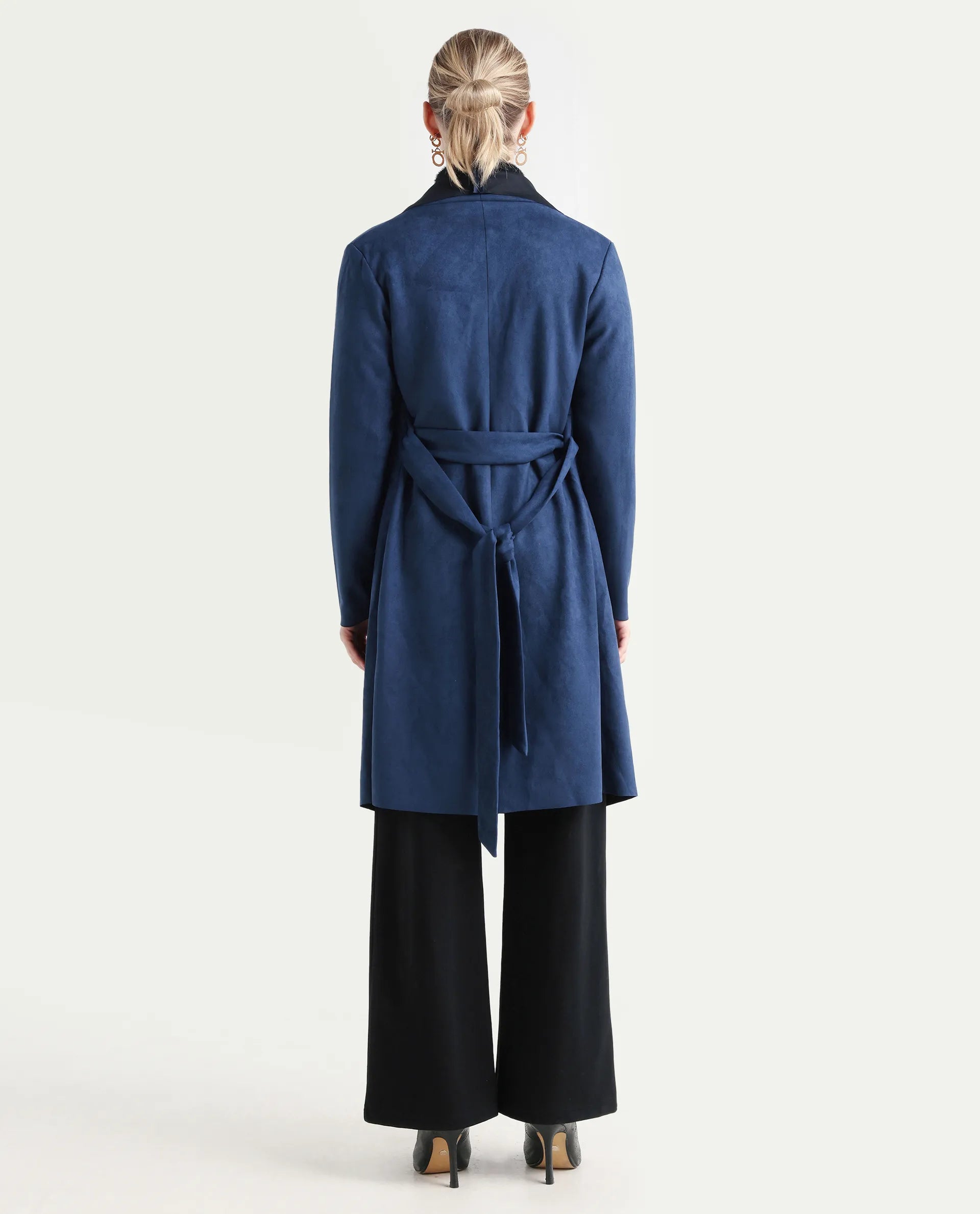 Rareism Women's Palmer-25 Navy Polyester Blend Lapel Neck Regular Fit Coat