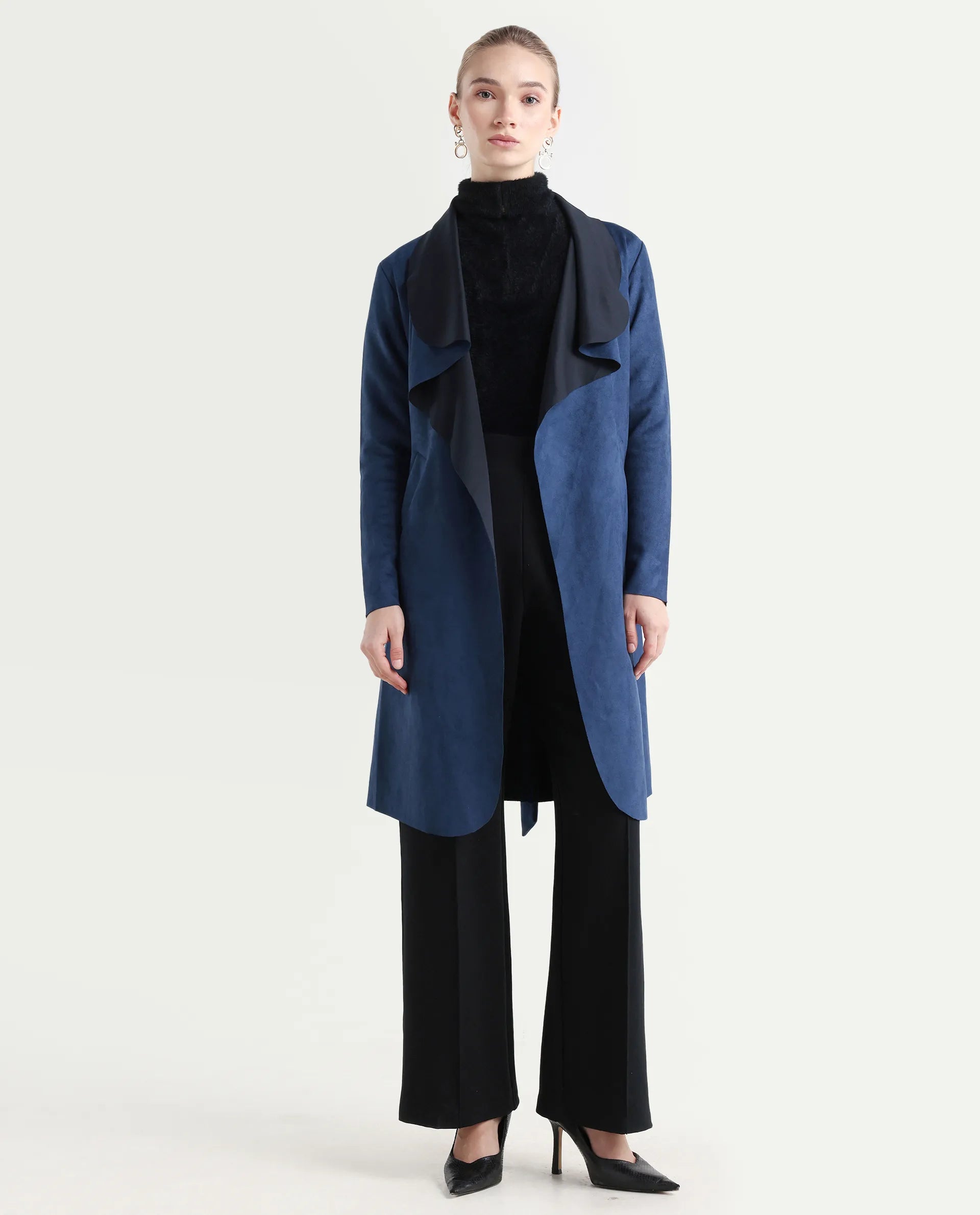 Rareism Women's Palmer-25 Navy Polyester Blend Lapel Neck Regular Fit Coat