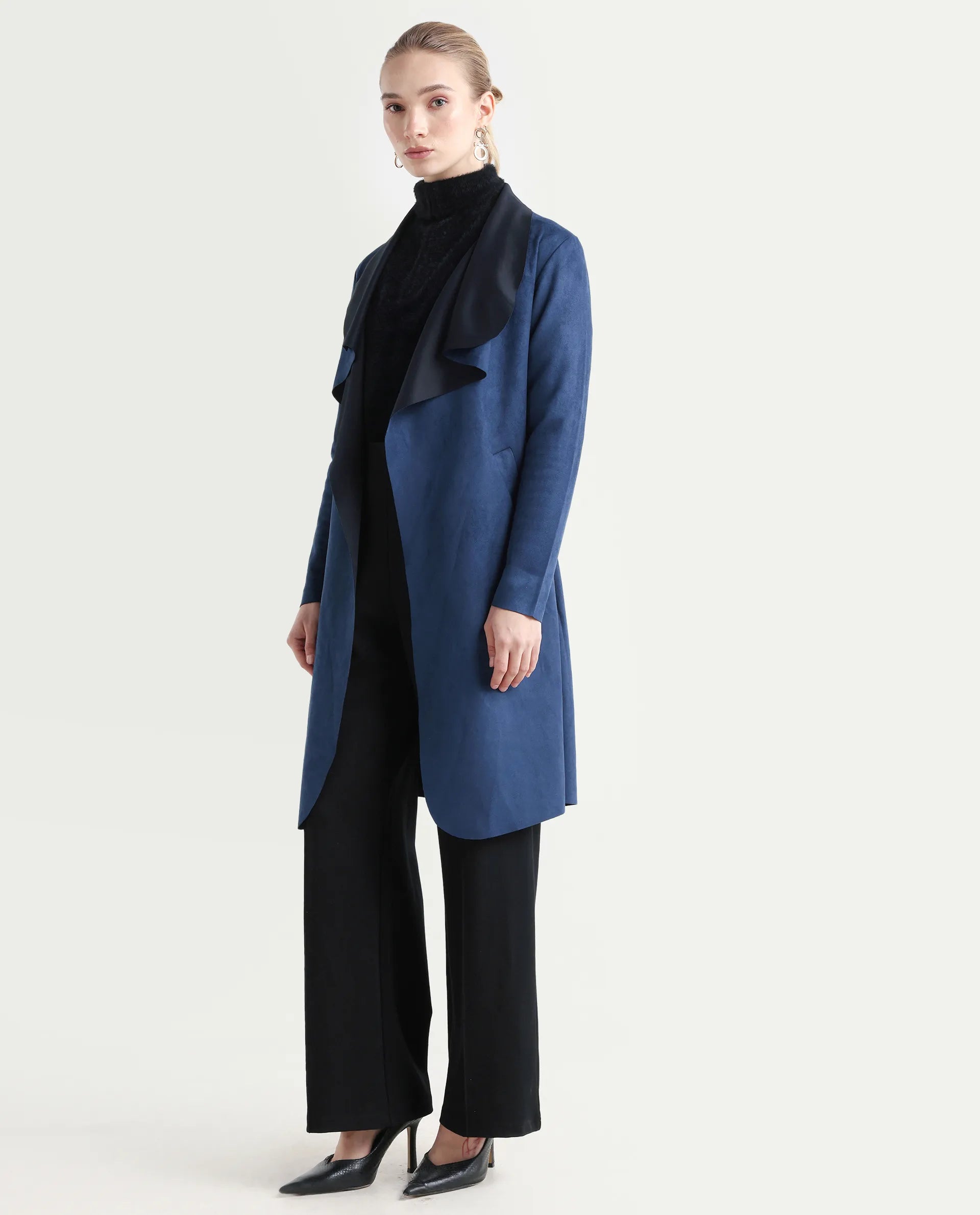 Rareism Women's Palmer-25 Navy Polyester Blend Lapel Neck Regular Fit Coat