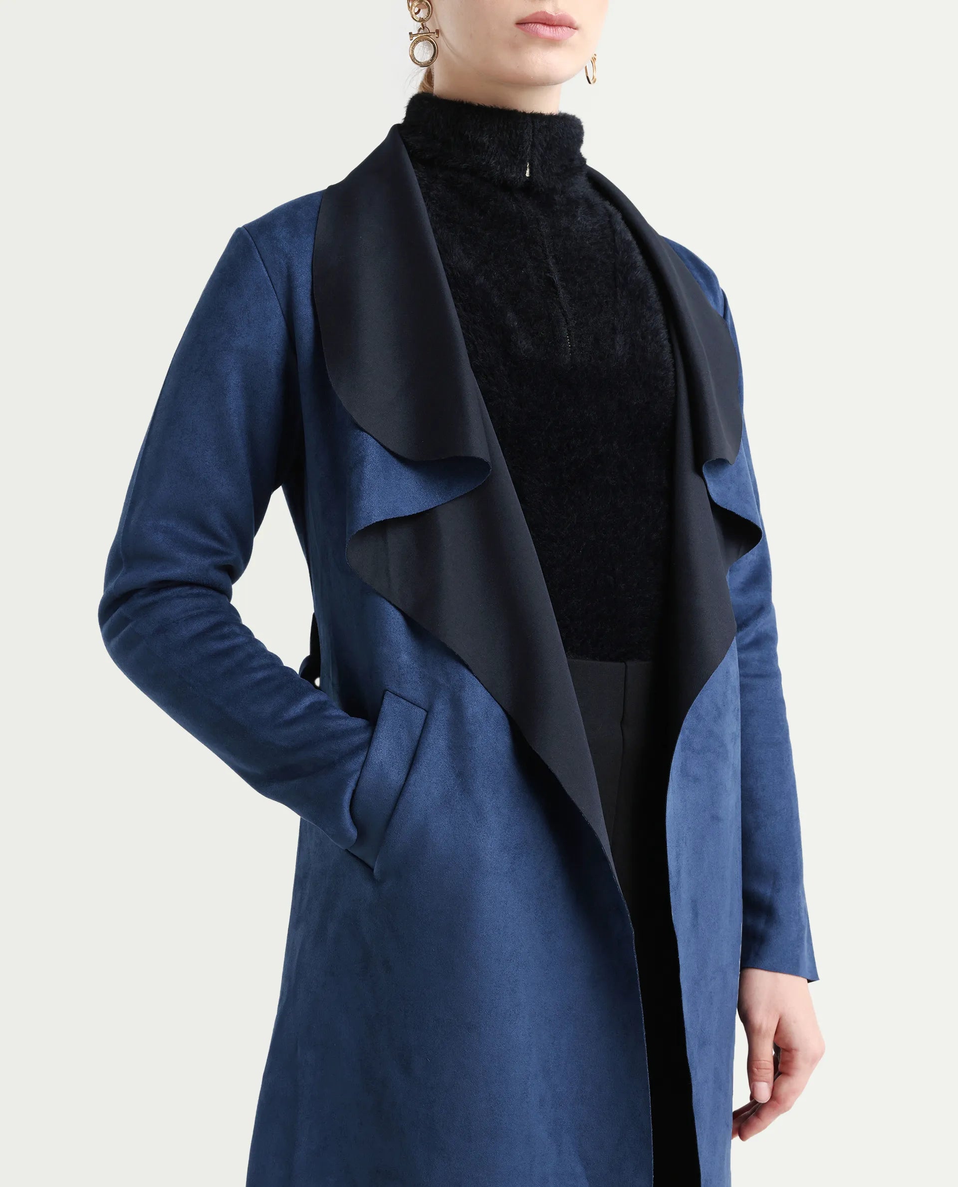 Rareism Women's Palmer-25 Navy Polyester Blend Lapel Neck Regular Fit Coat