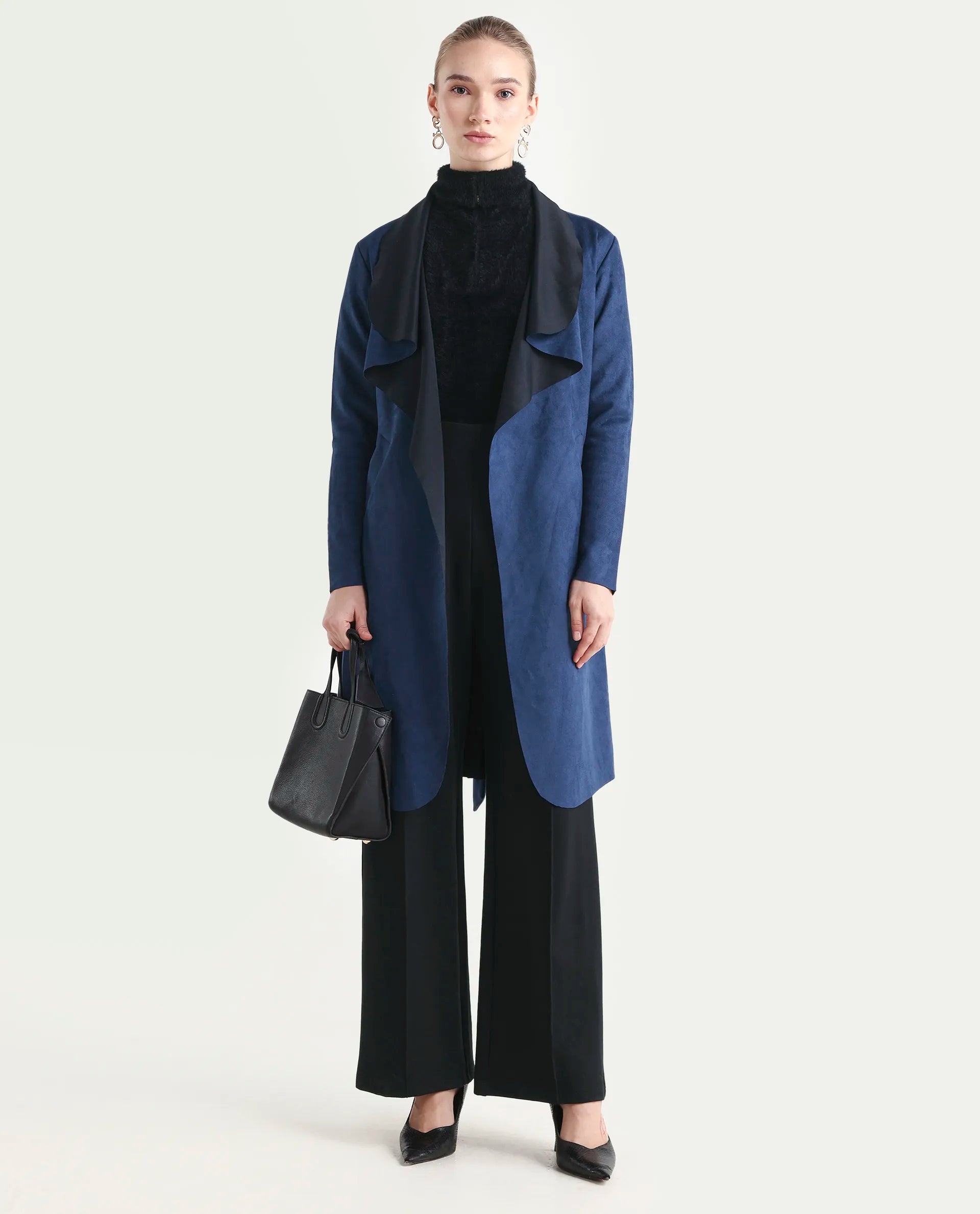 Rareism Women's Palmer-25 Navy Polyester Blend Lapel Neck Regular Fit Coat