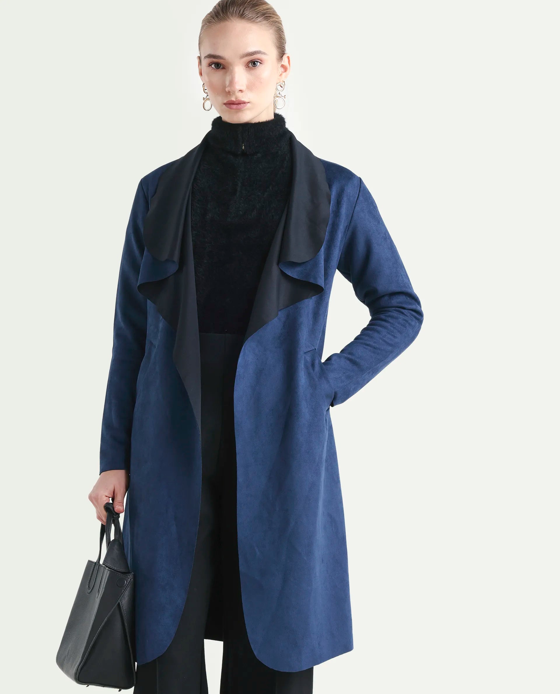 Rareism Women's Palmer-25 Navy Polyester Blend Lapel Neck Regular Fit Coat