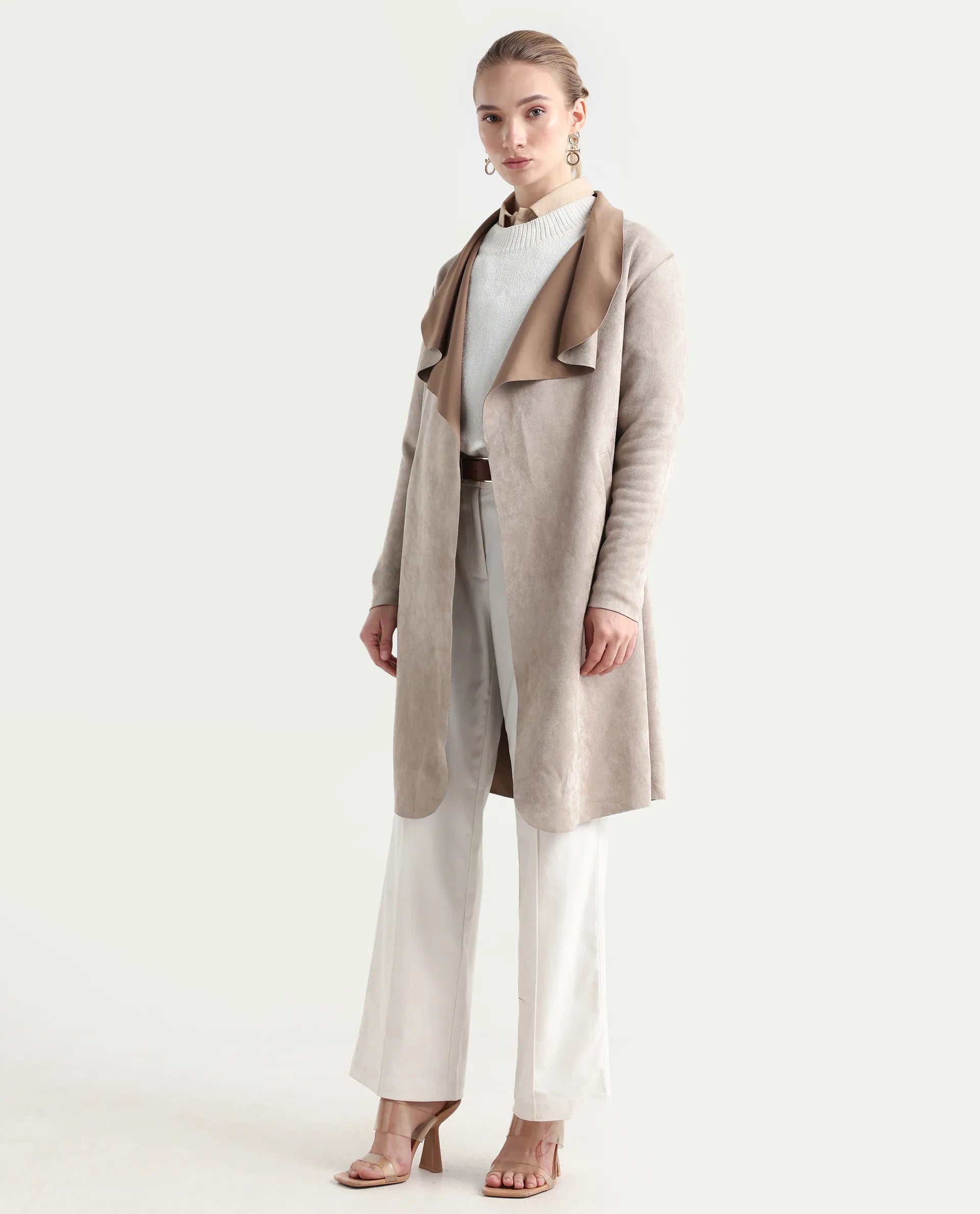 Rareism Women's Palmer-25 Off White Polyester Blend Fabric Lapel Neck Regular Fit Coat