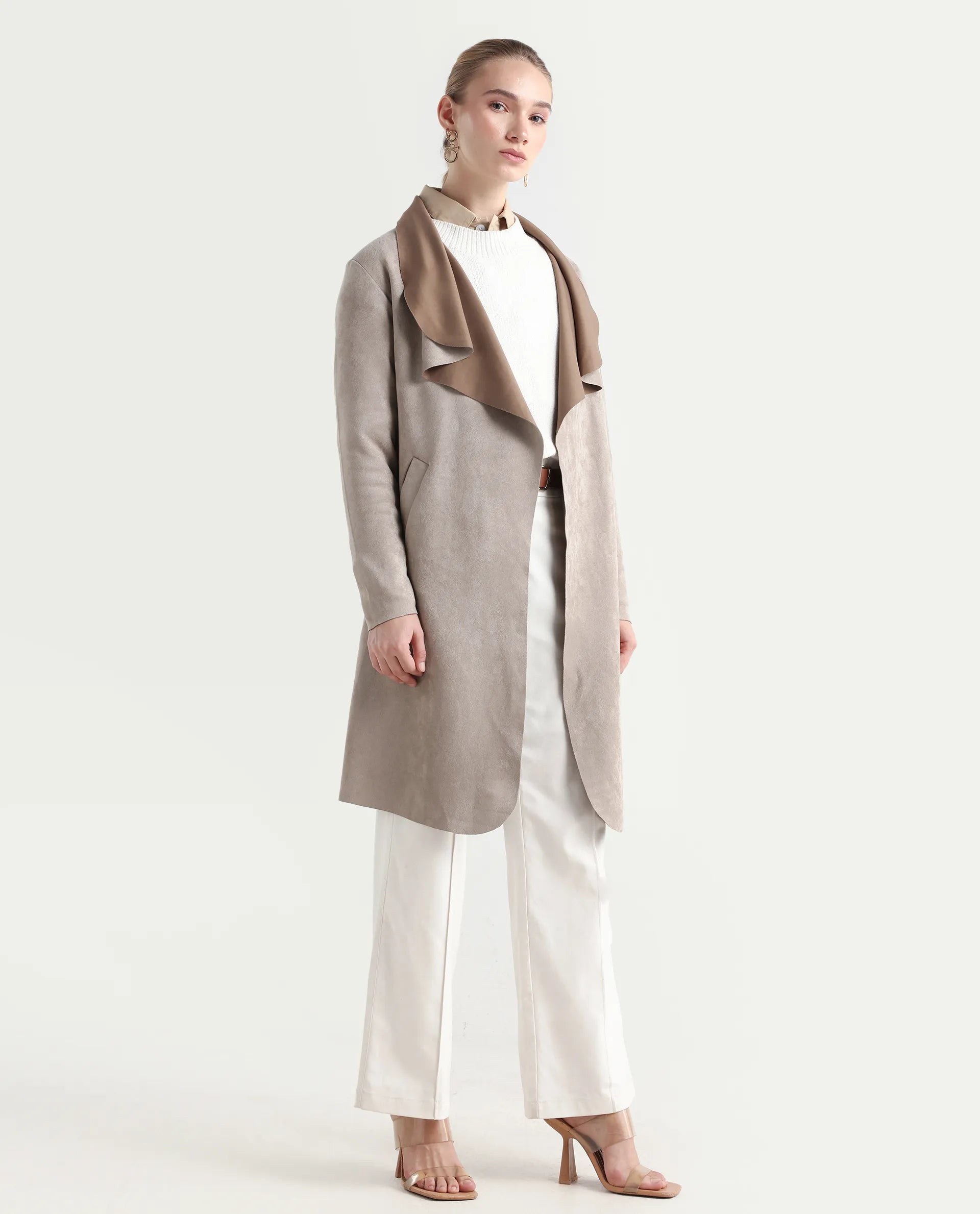 Rareism Women's Palmer-25 Off White Polyester Blend Fabric Lapel Neck Regular Fit Coat