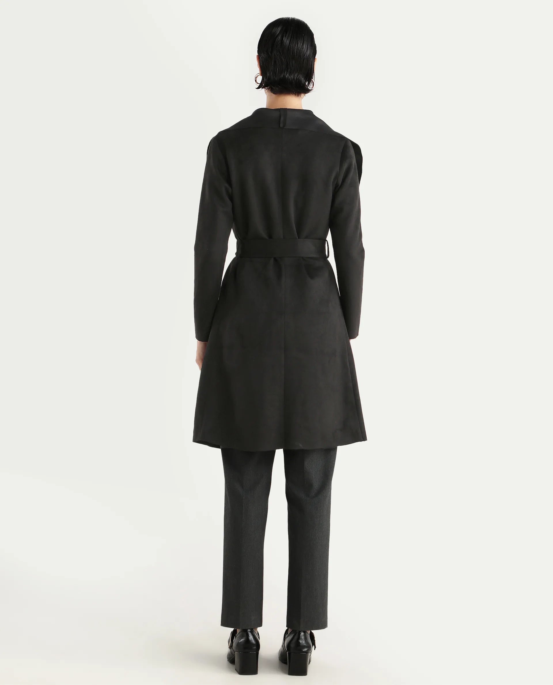 Rareism Women's Palmer 2 Black Suede Waterfall Neck Plain Midi Boxy Fit Jacket