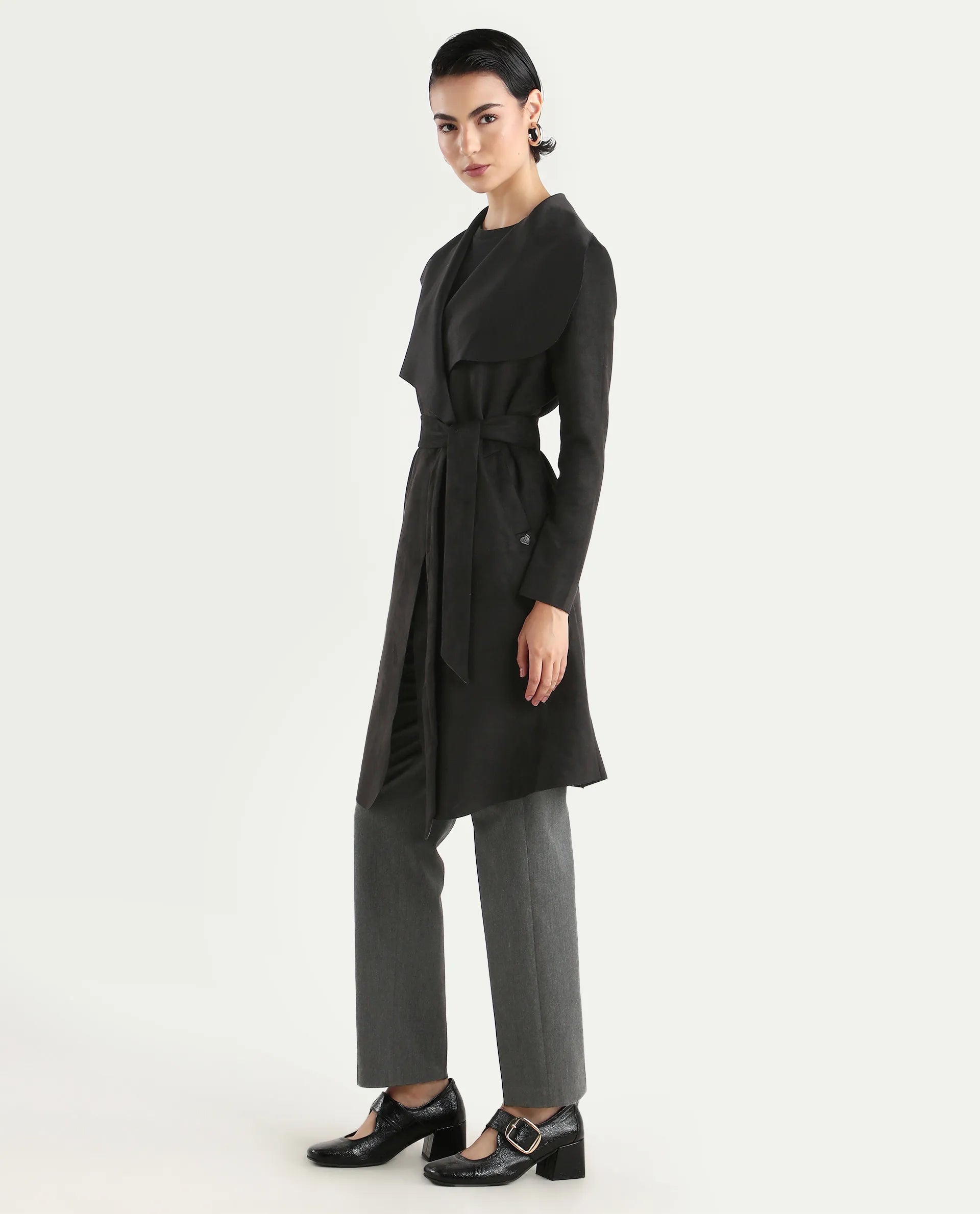 Rareism Women's Palmer 2 Black Suede Waterfall Neck Plain Midi Boxy Fit Jacket