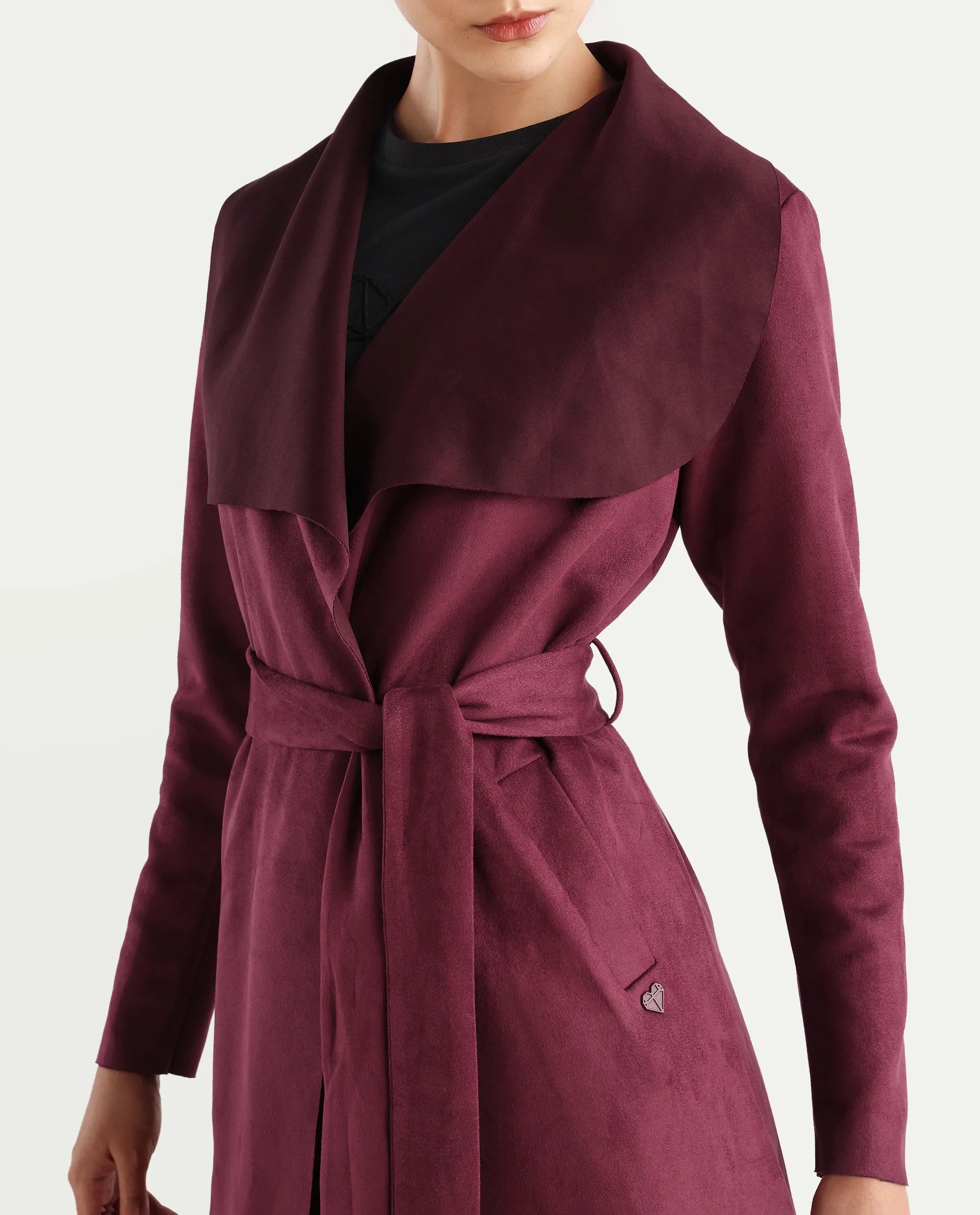 Rareism Women's Palmer 2 Maroon Suede Waterfall Neck Plain Midi Boxy Fit Jacket