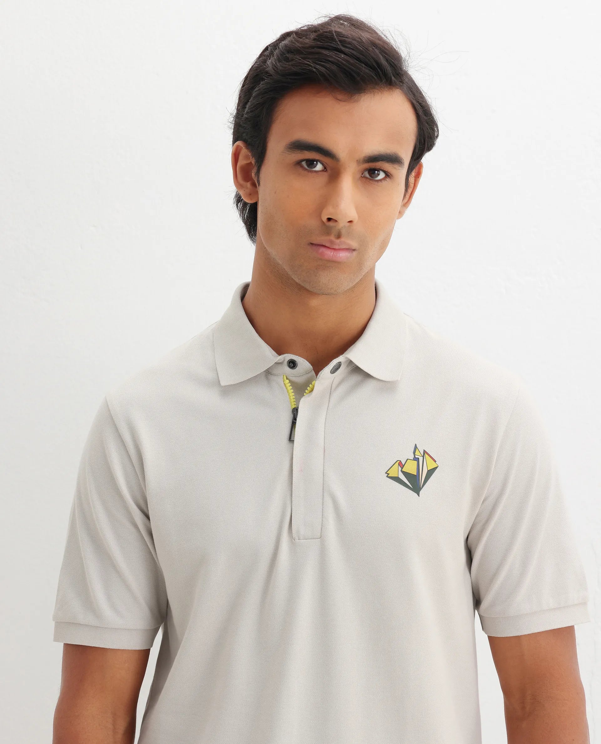 Rare Rabbit Men's Palmer Beige Cotton Plain Regular Fit Half Sleeve Polo