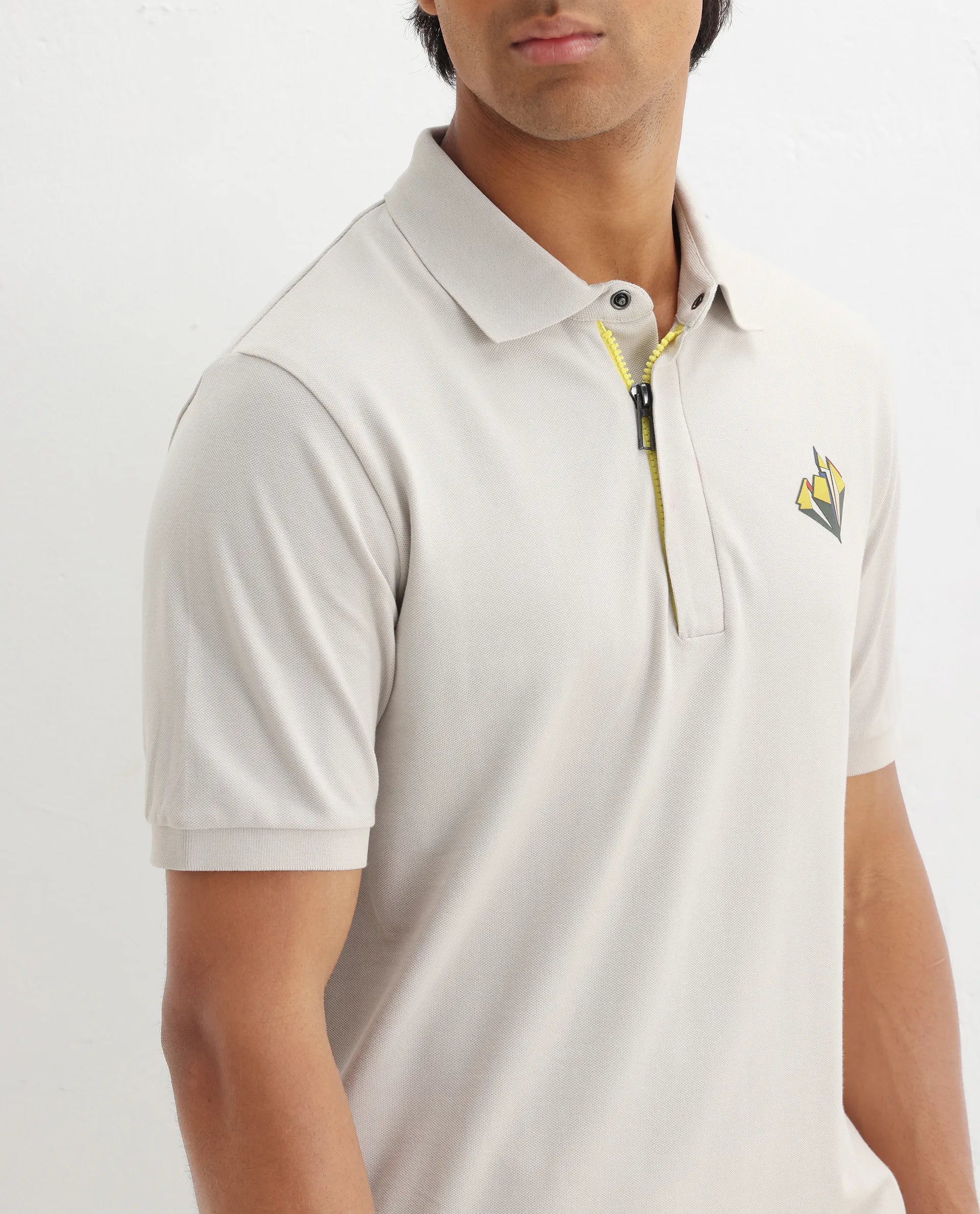 Rare Rabbit Men's Palmer Beige Cotton Plain Regular Fit Half Sleeve Polo