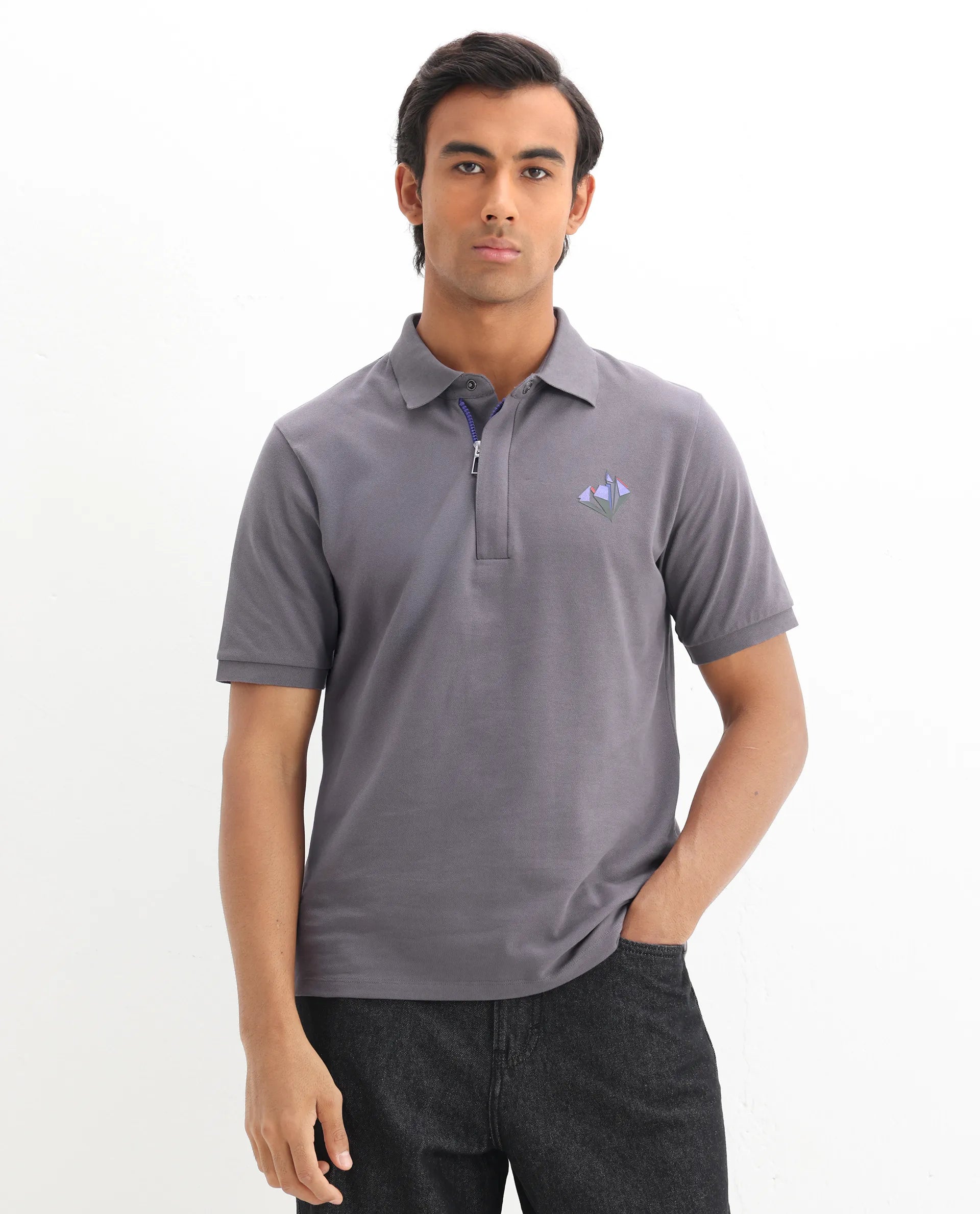 Rare Rabbit Men's Palmer Dusky Grey Cotton Plain Regular Fit Half Sleeve Polo