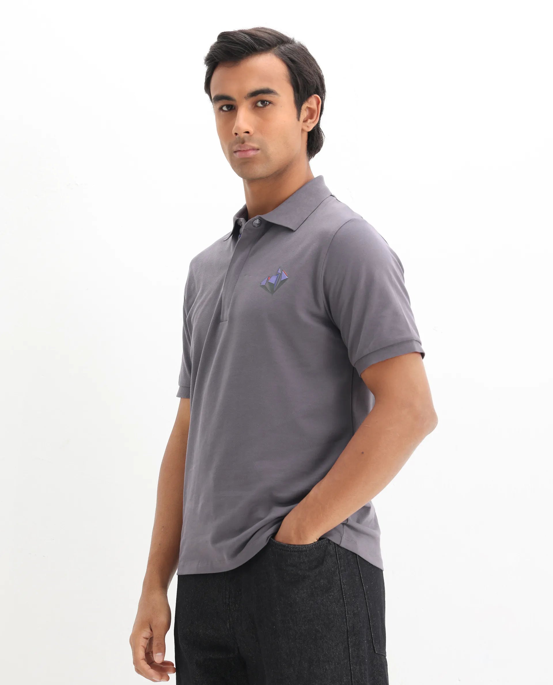 Rare Rabbit Men's Palmer Dusky Grey Cotton Plain Regular Fit Half Sleeve Polo