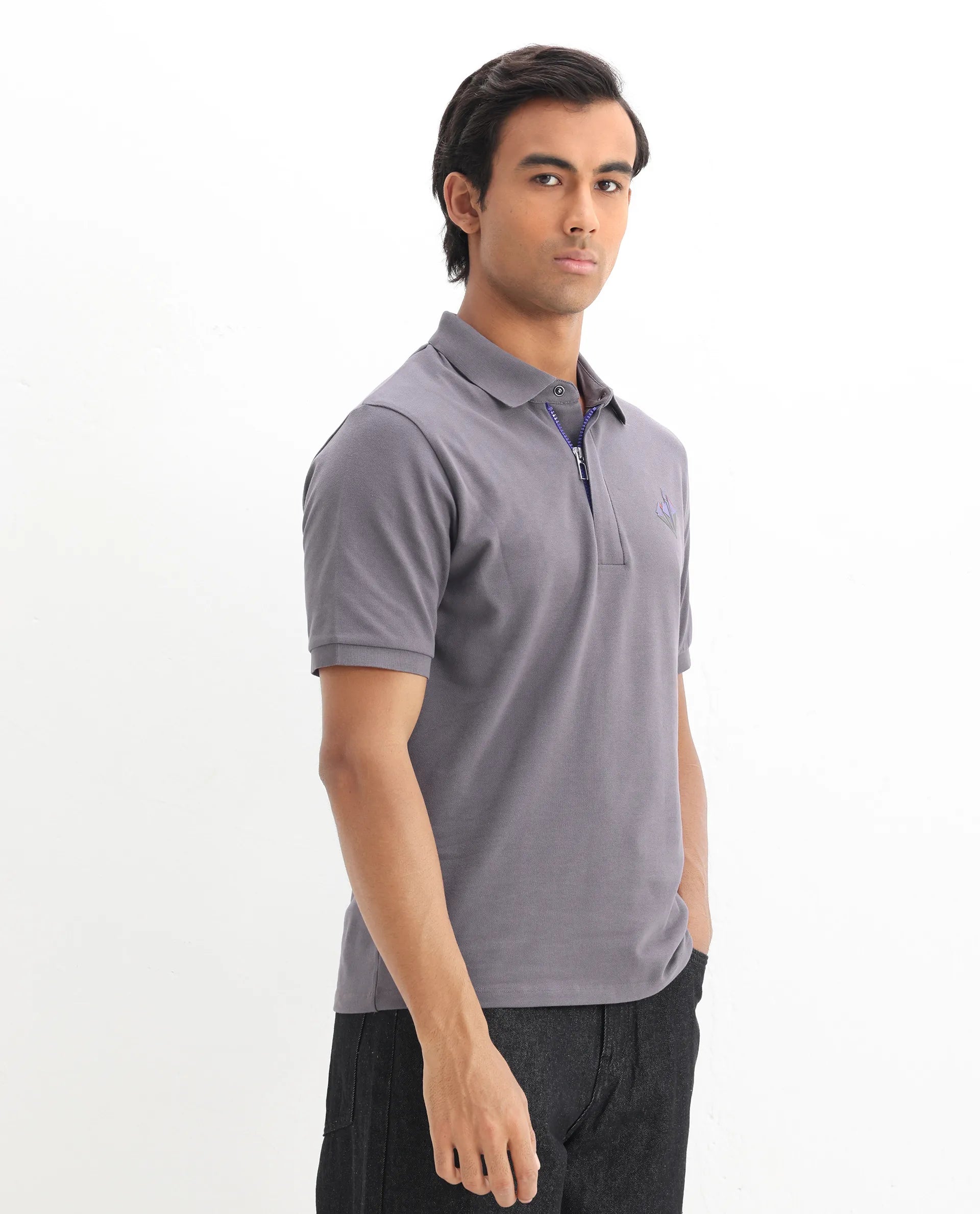 Rare Rabbit Men's Palmer Dusky Grey Cotton Plain Regular Fit Half Sleeve Polo