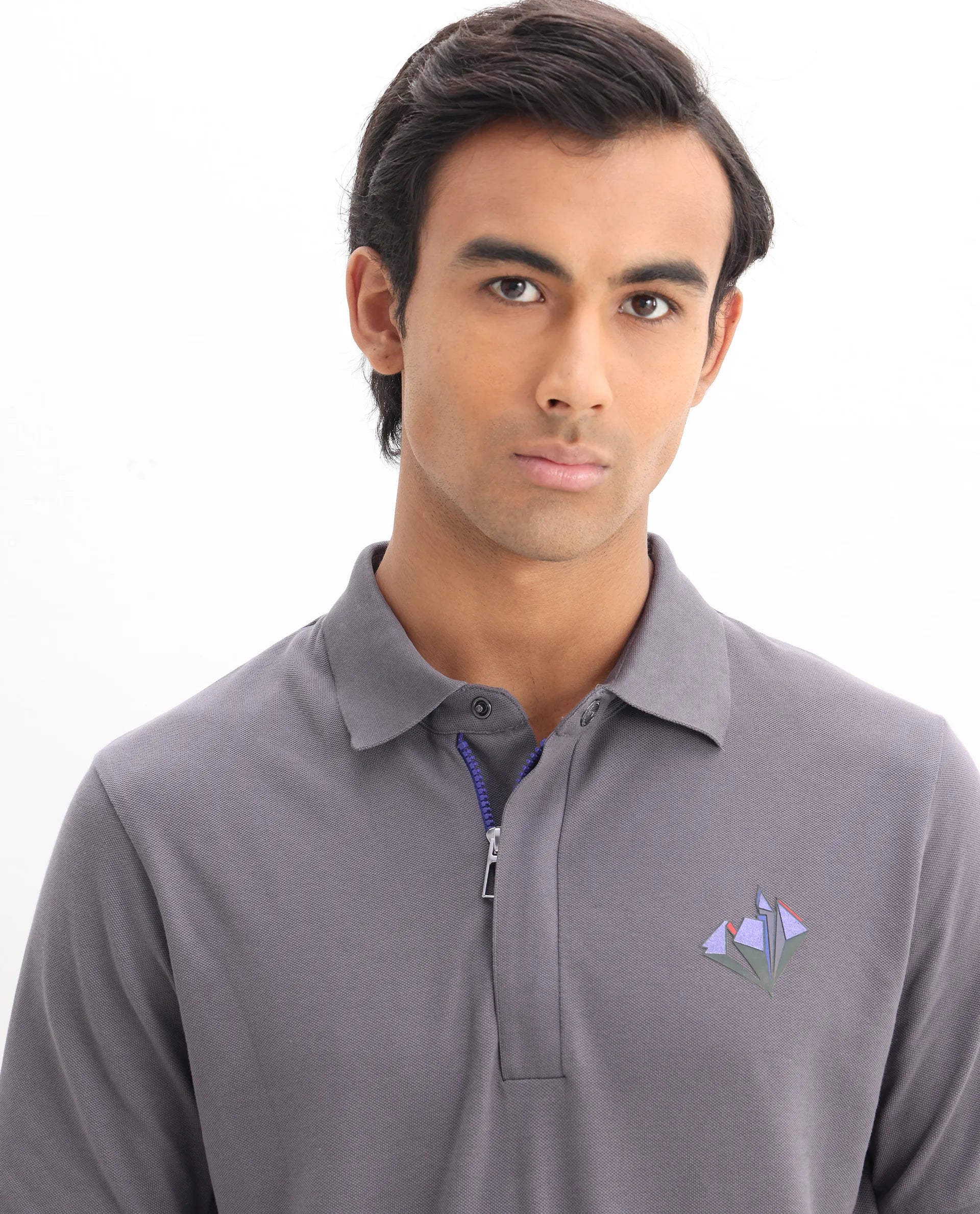 Rare Rabbit Men's Palmer Dusky Grey Cotton Plain Regular Fit Half Sleeve Polo