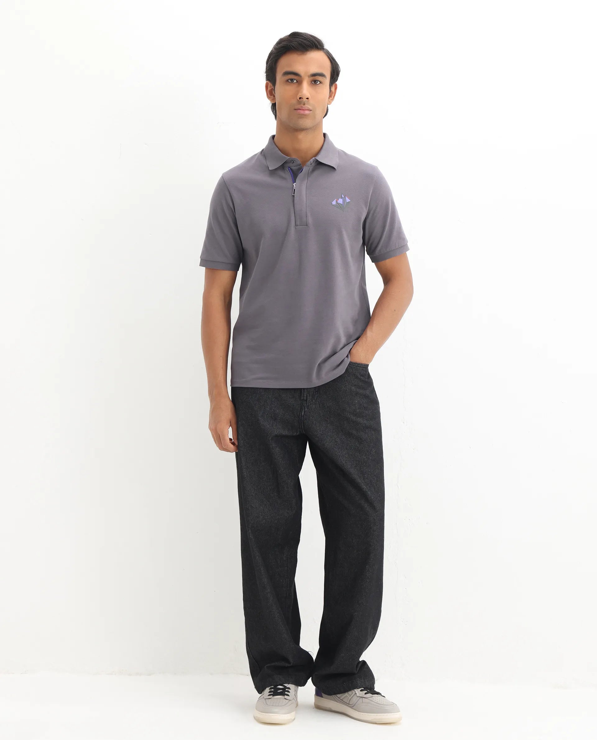 Rare Rabbit Men's Palmer Dusky Grey Cotton Plain Regular Fit Half Sleeve Polo