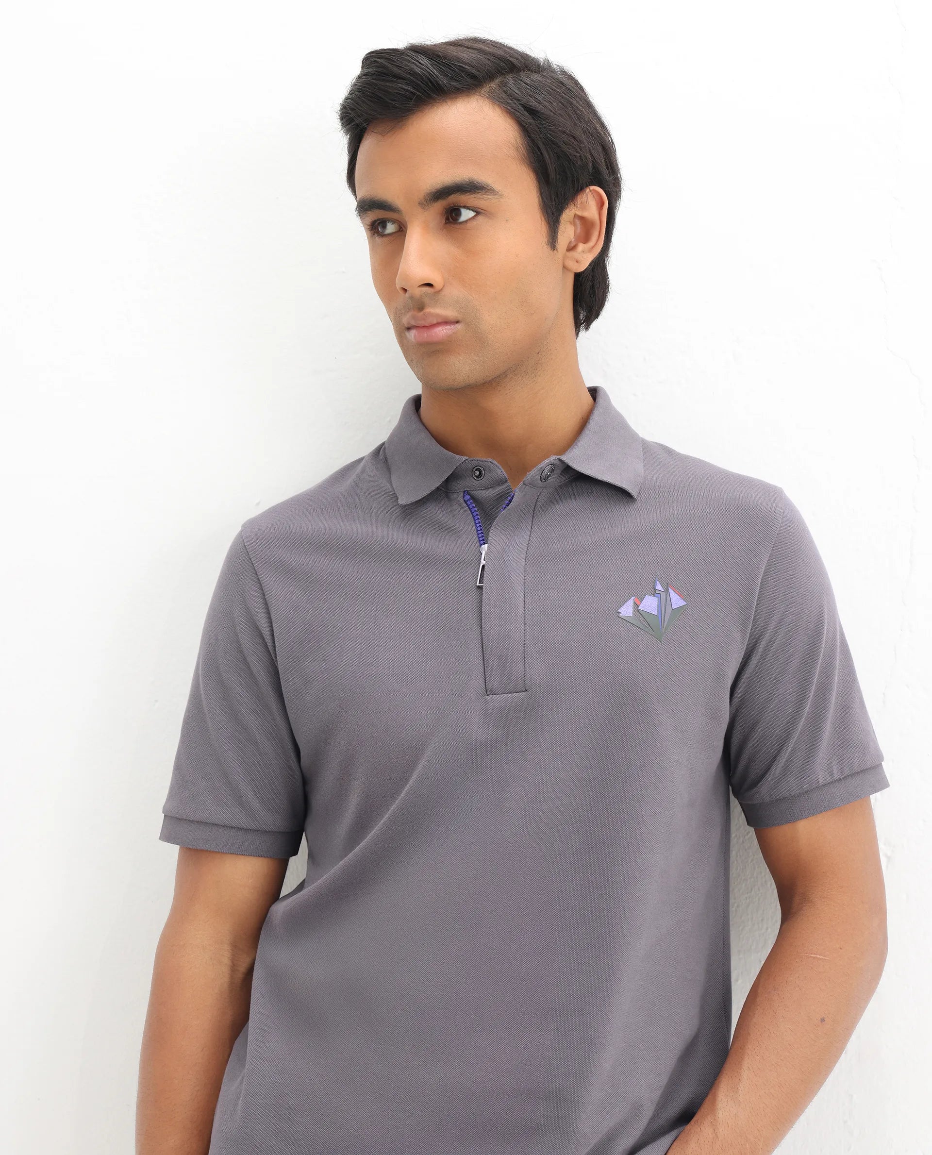 Rare Rabbit Men's Palmer Dusky Grey Cotton Plain Regular Fit Half Sleeve Polo