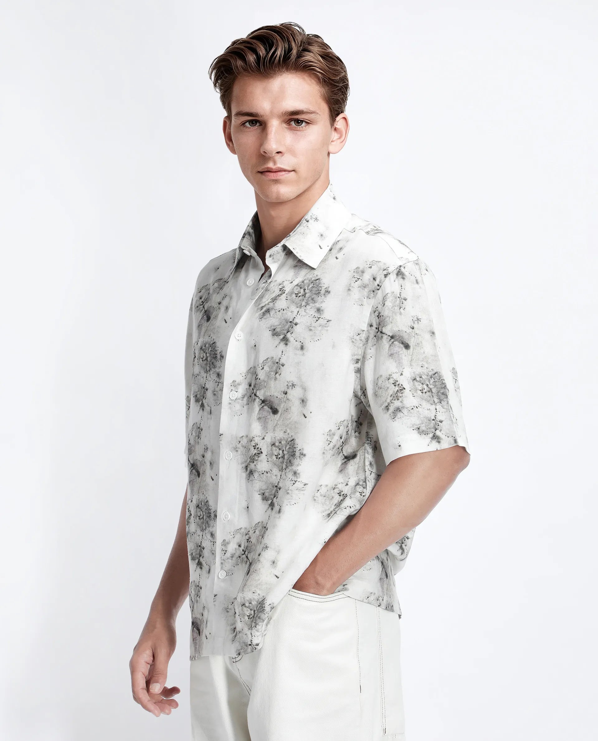 Rare Rabbit Men's Palmz White Cotton Floral Print Regular Fit Half Sleeve Collared Shirt