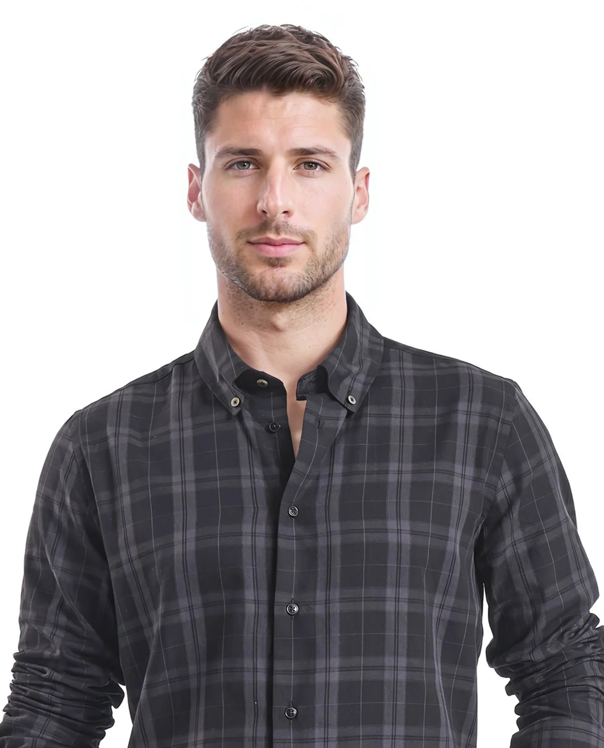 Rare Rabbit Men's Pambi Dark Black Cotton Fabric Full Sleeve Collared Neck Checks Shirt