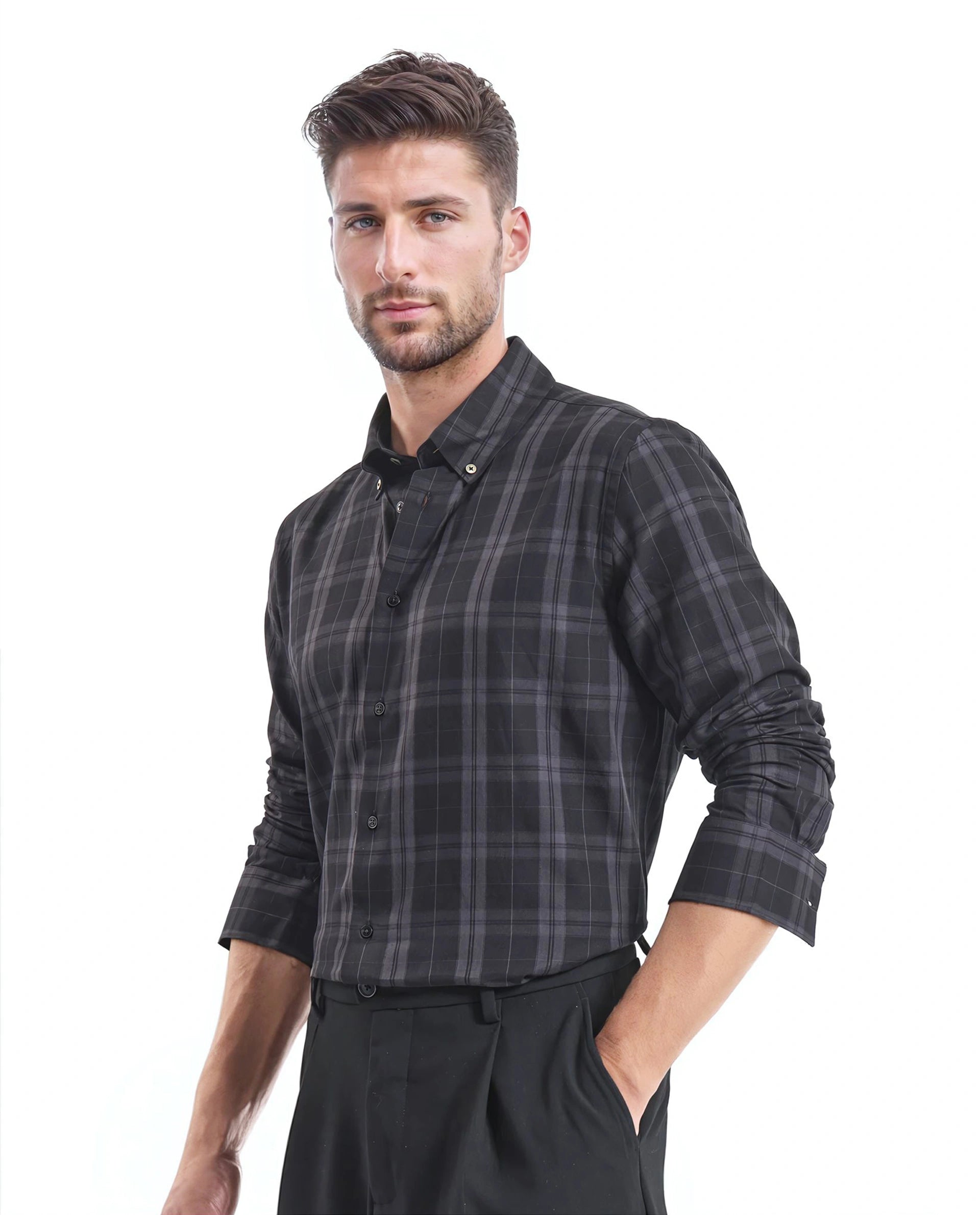 Rare Rabbit Men's Pambi Dark Black Cotton Fabric Full Sleeve Collared Neck Checks Shirt