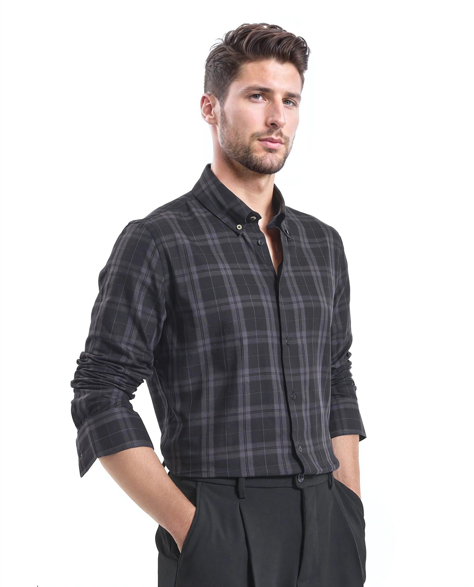 Rare Rabbit Men's Pambi Dark Black Cotton Fabric Full Sleeve Collared Neck Checks Shirt