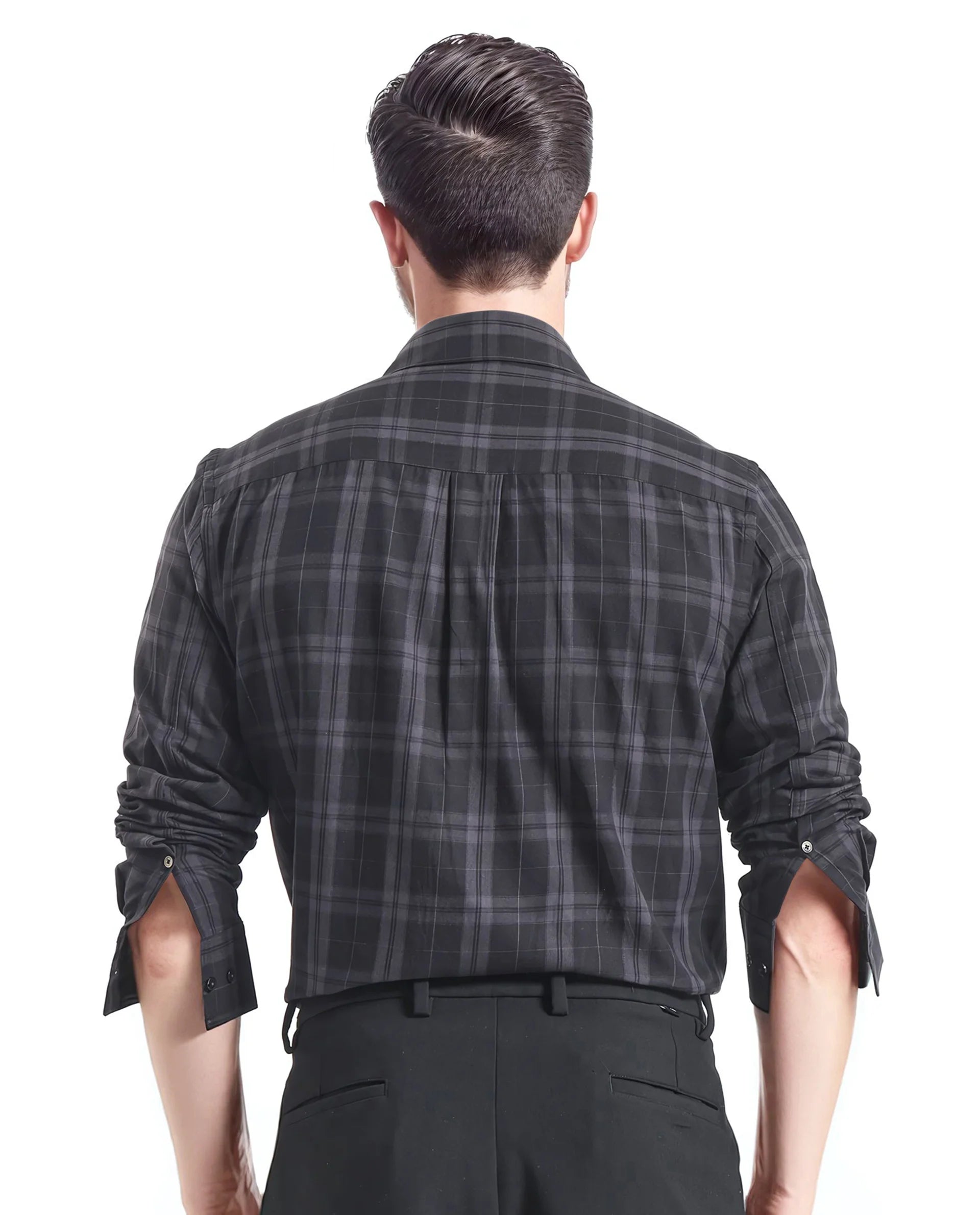 Rare Rabbit Men's Pambi Dark Black Cotton Fabric Full Sleeve Collared Neck Checks Shirt