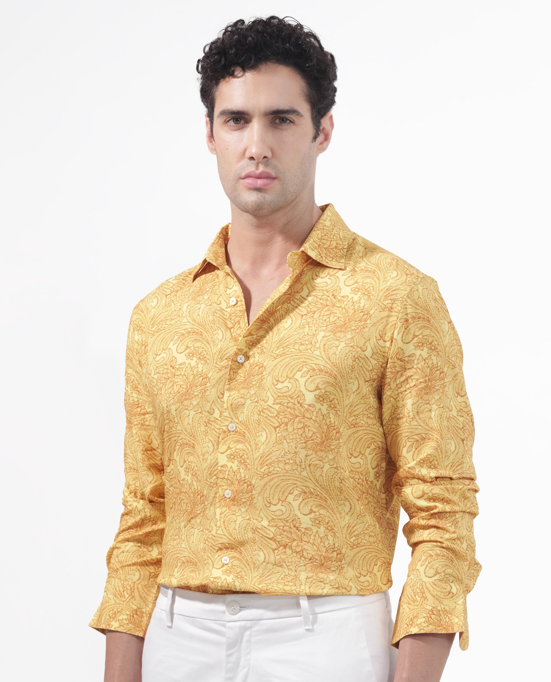 Rare Rabbit Men's Pamat Yellow Viscose Fabric Full Sleeves Paisley Print Shirt